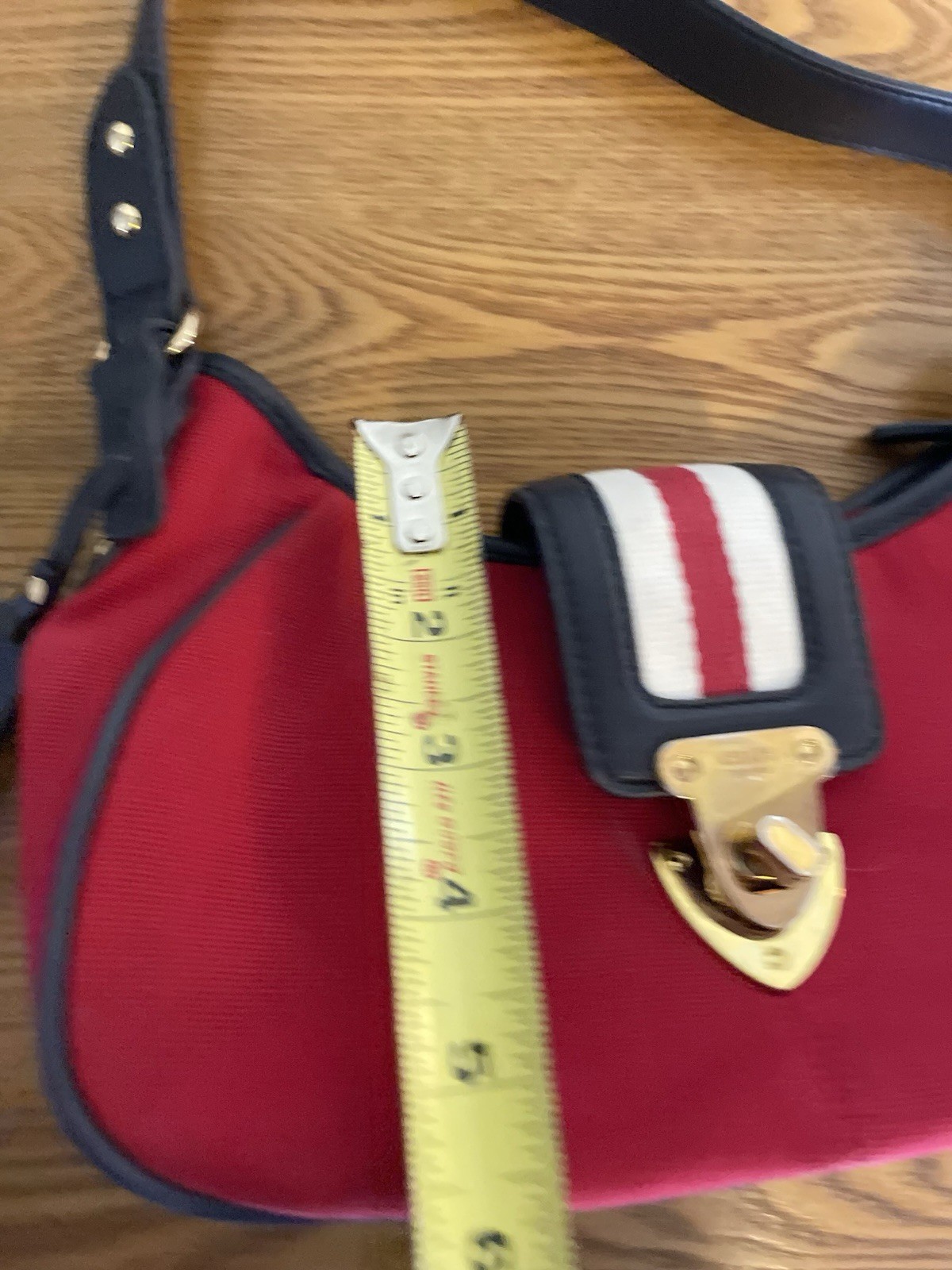 Chaps Red Canvas Shoulder Bag Purse with Navy Blue Strap and Gold Hardware