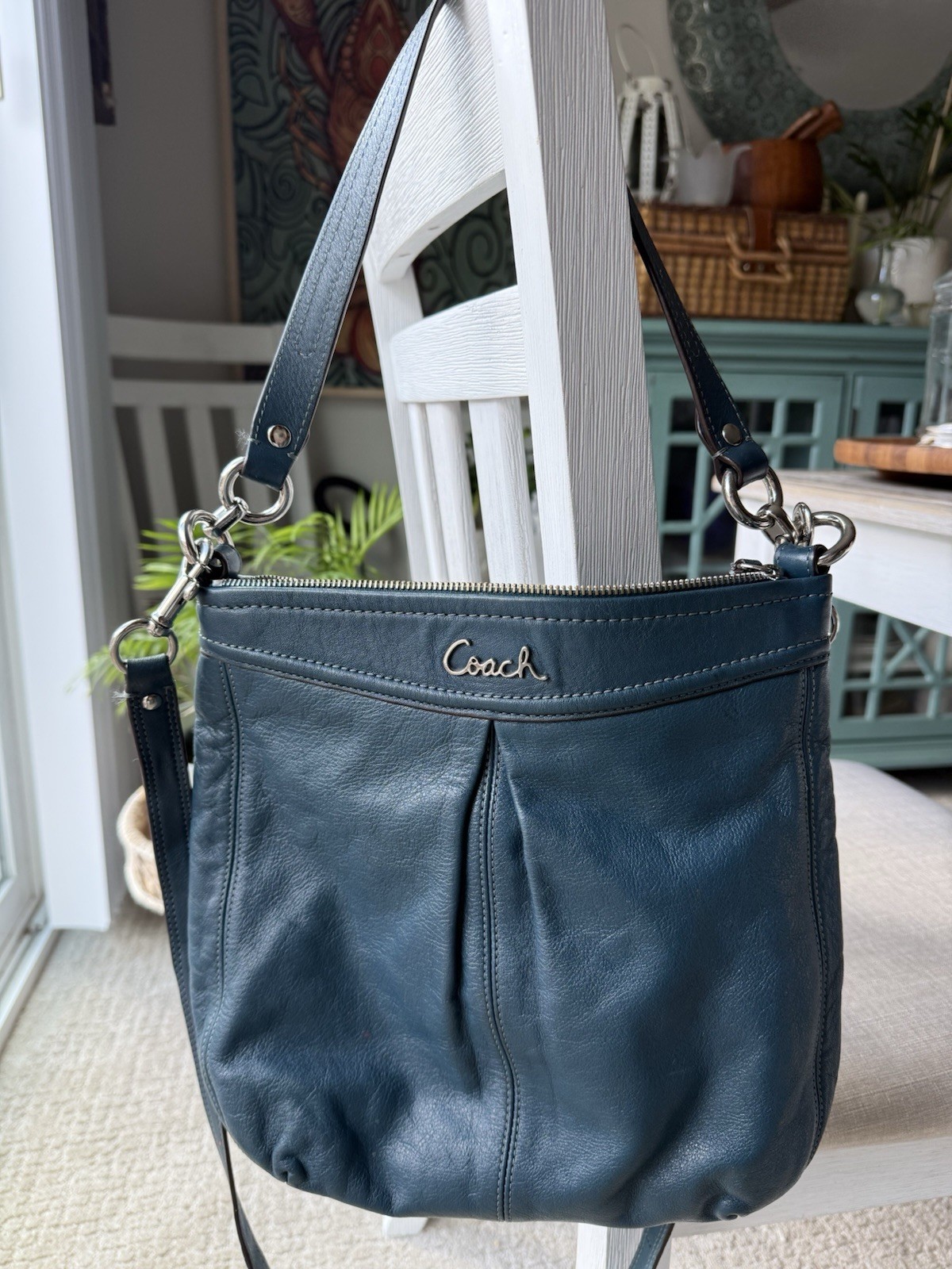 Coach Blue Solid Zip Shoulder Bag, Detachable/Adjustable Strap, Silver HW