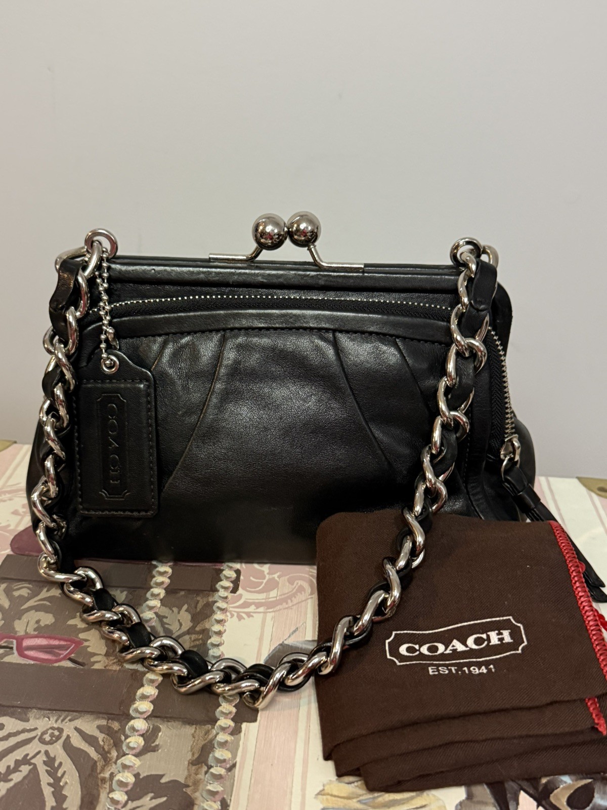 Rare Coach Parker Kisslock Black Leather Shoulder Bag W/ Chain Strap #13621