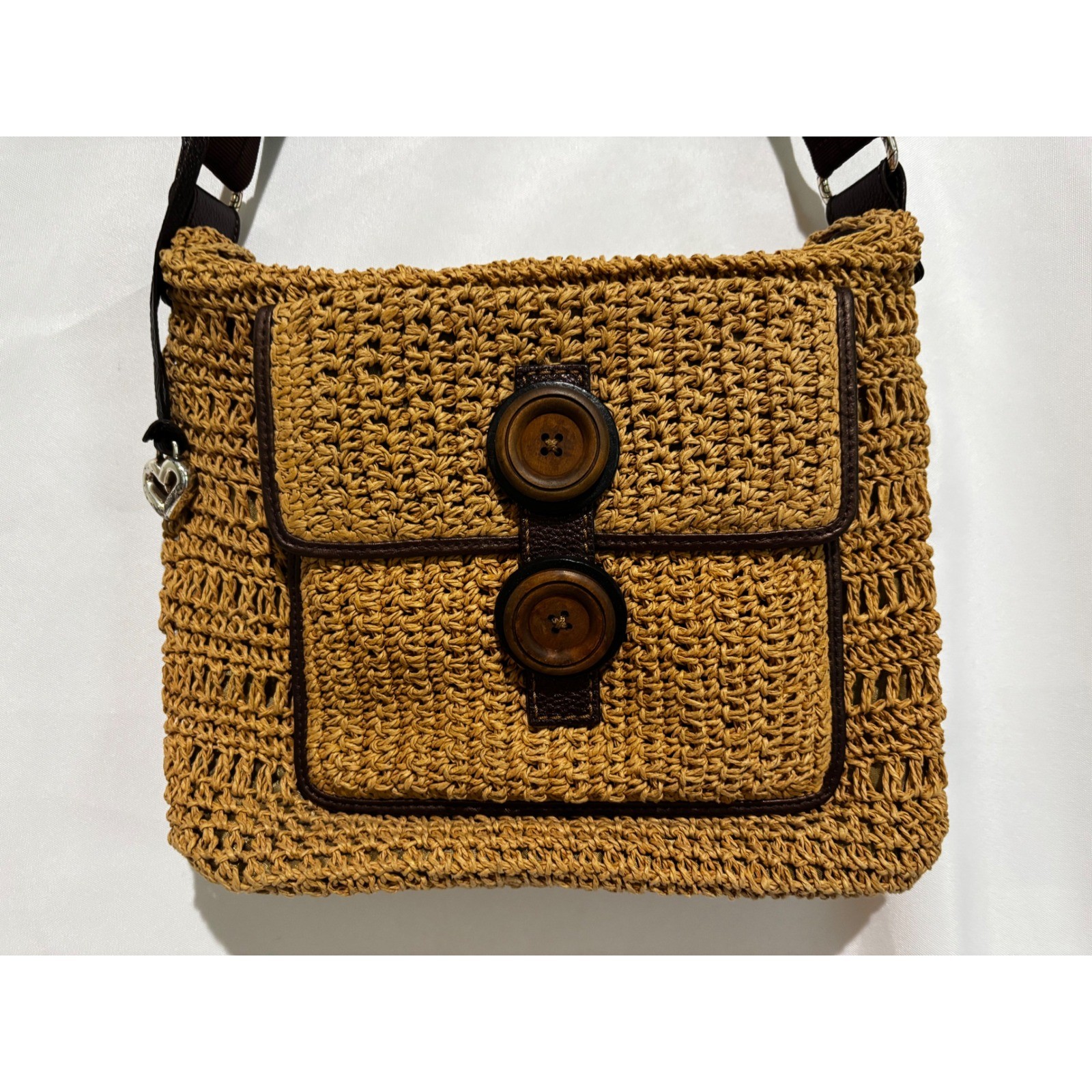 Brighton Woven Raffia Straw Crossbody purse Bag Tan Wood Buttons Heart Logo boho