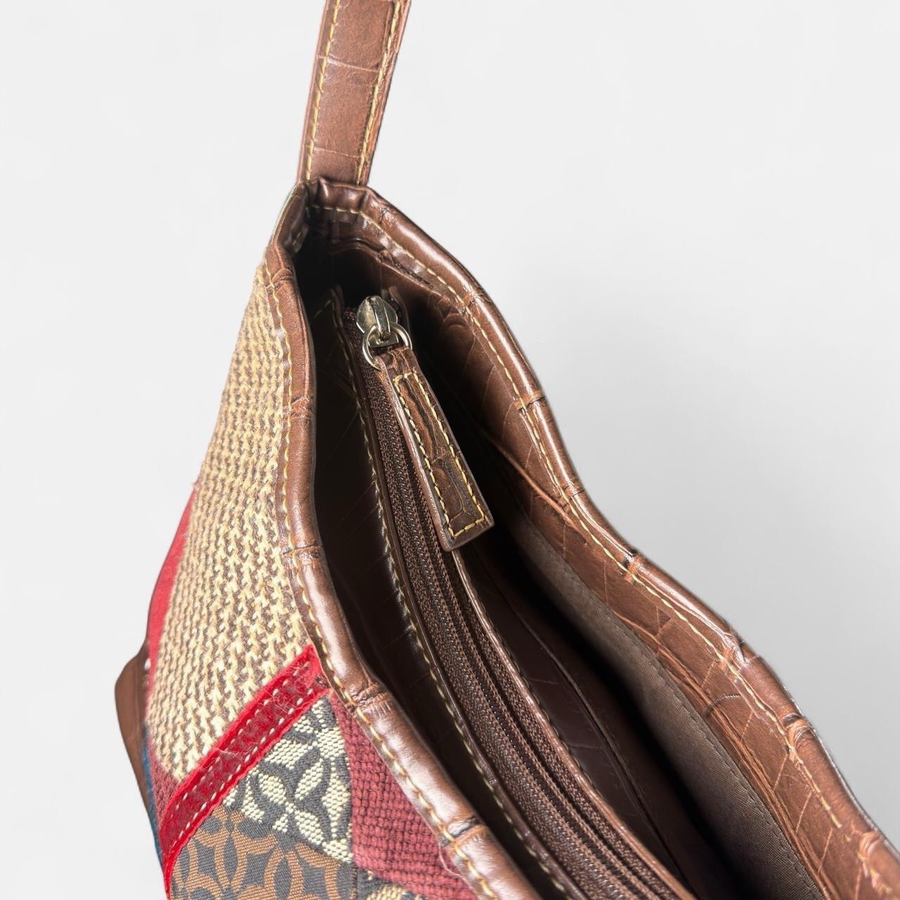 Y2K patchwork leather purse -red, burgundy, tan, blue & brown