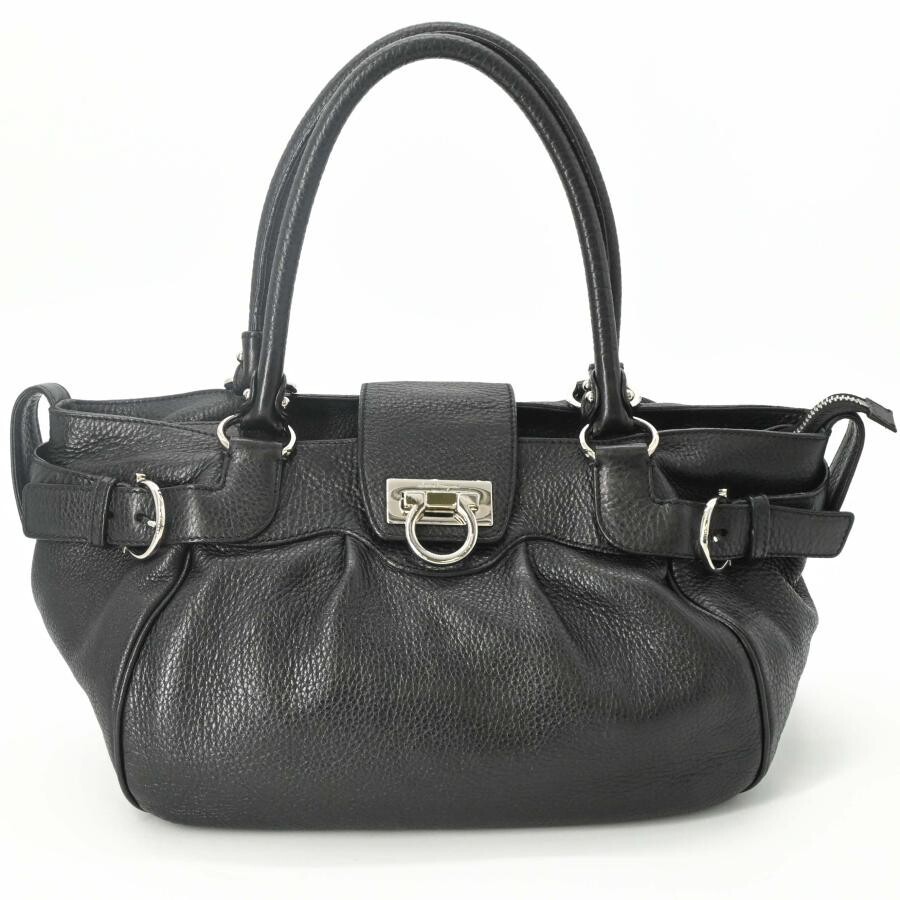 Salvatore Ferragamo Gancini Black Leather Turn Lock Handbag Silver Hardware