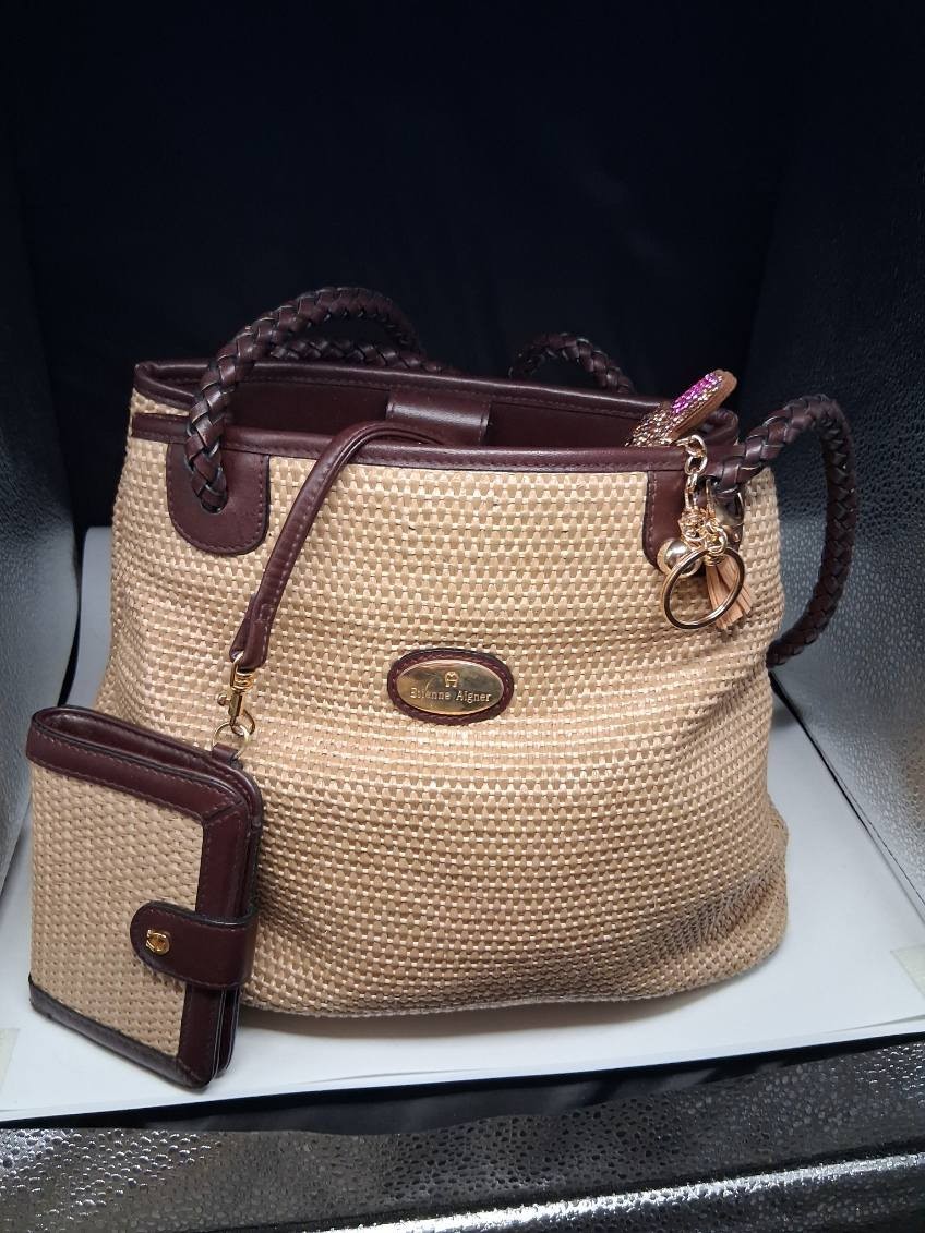 etienne aigner leather and straw shoulder handbag