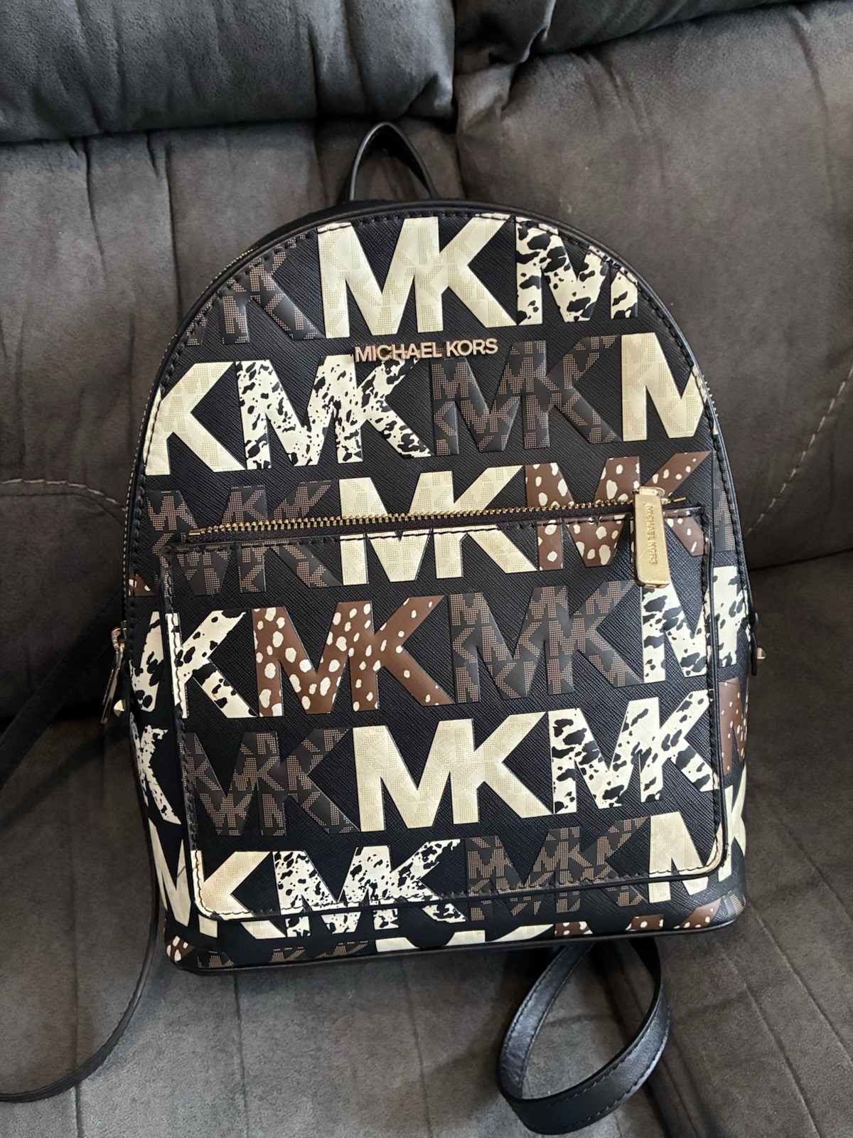 Michael Kors Medium Backpack Black Multi Logo Print Zip, Gold Hardware, Pockets