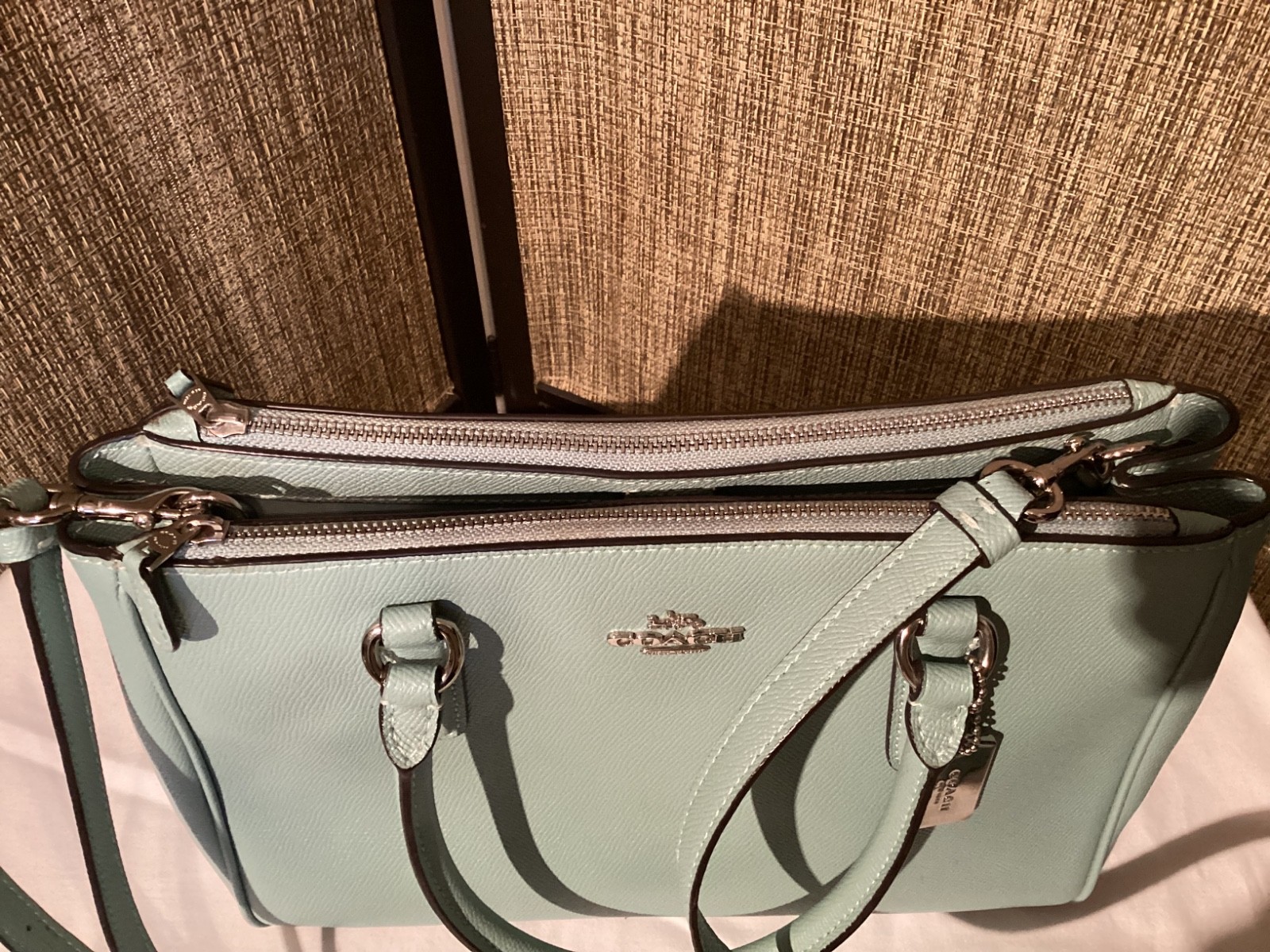 COACH Light Mint Green Surrey Saffiano Leather Satchel + Long Strap EUC