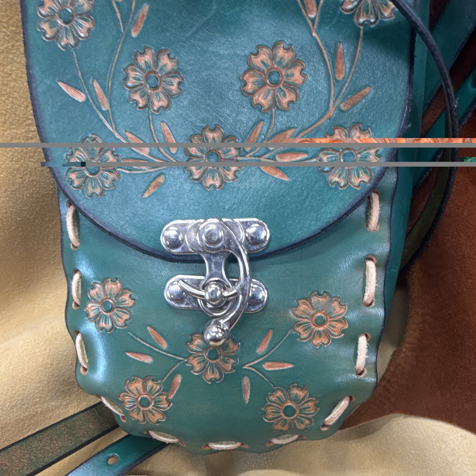 Turquoise Floral Tooled Women’s Crossbody Bag Adjustable Strap Turn Lock Small