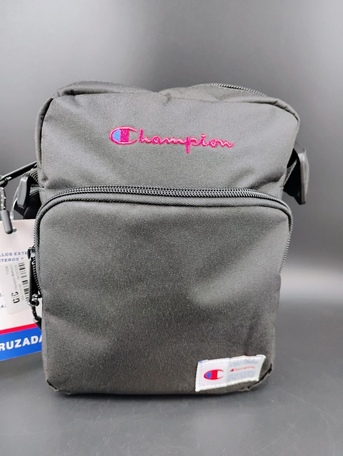 Champion Logo Black Crossbody Bag Adjustable Strap Compact Design
