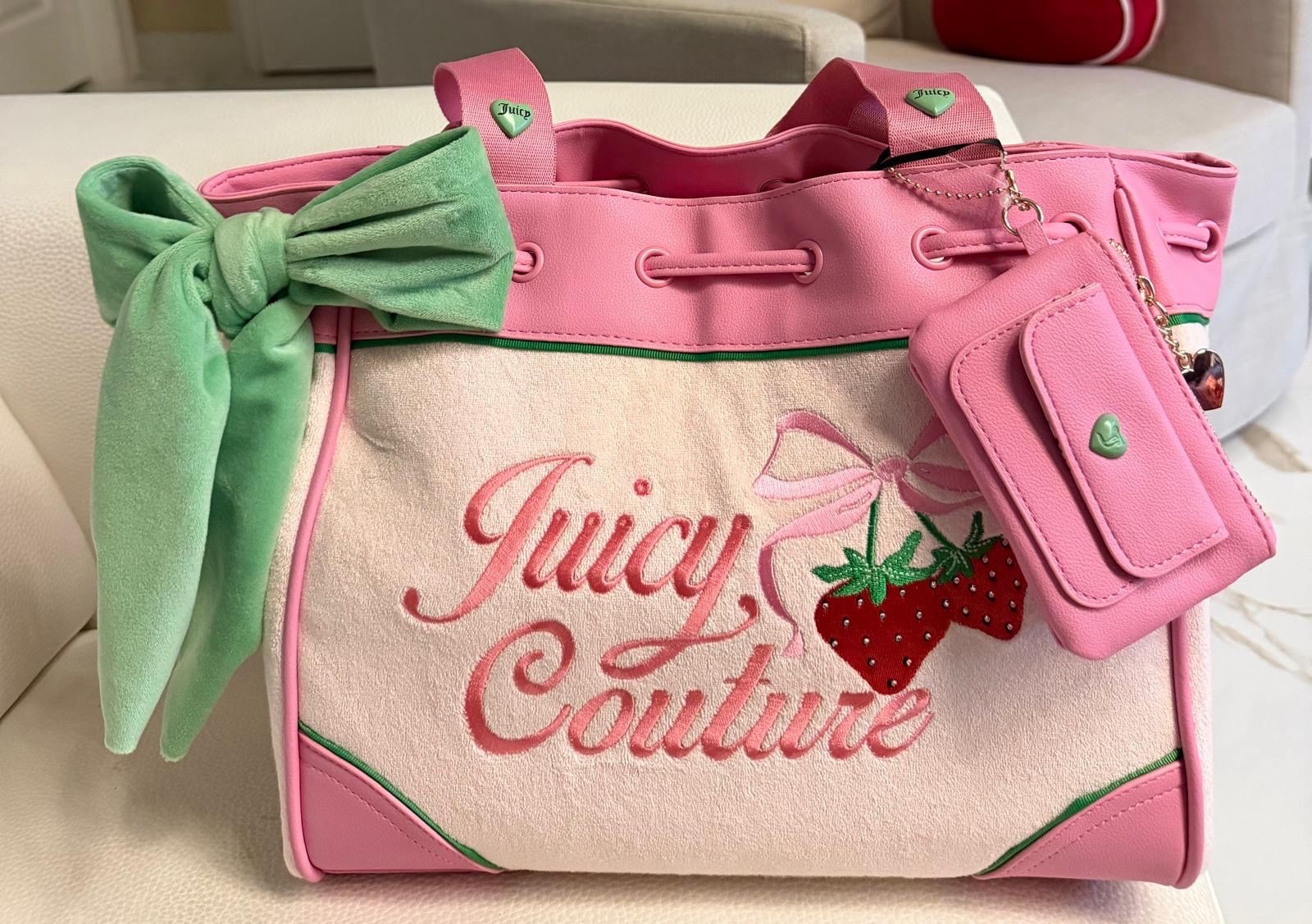 Juicy Couture Tote Bag Strawberry Bow Embroidered Coin Purse Pink Daydreamer