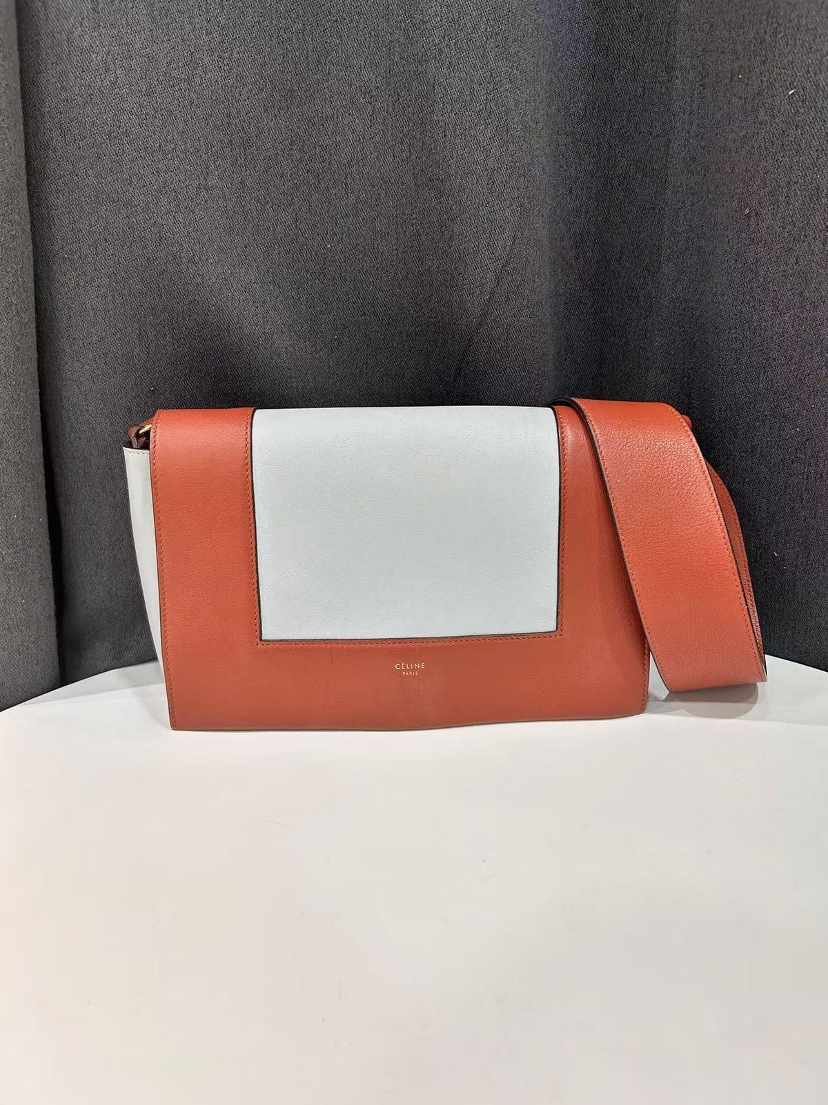 Authentic Celine Frame Two Tone Brown White Calfskin Leather Crossbody Italy