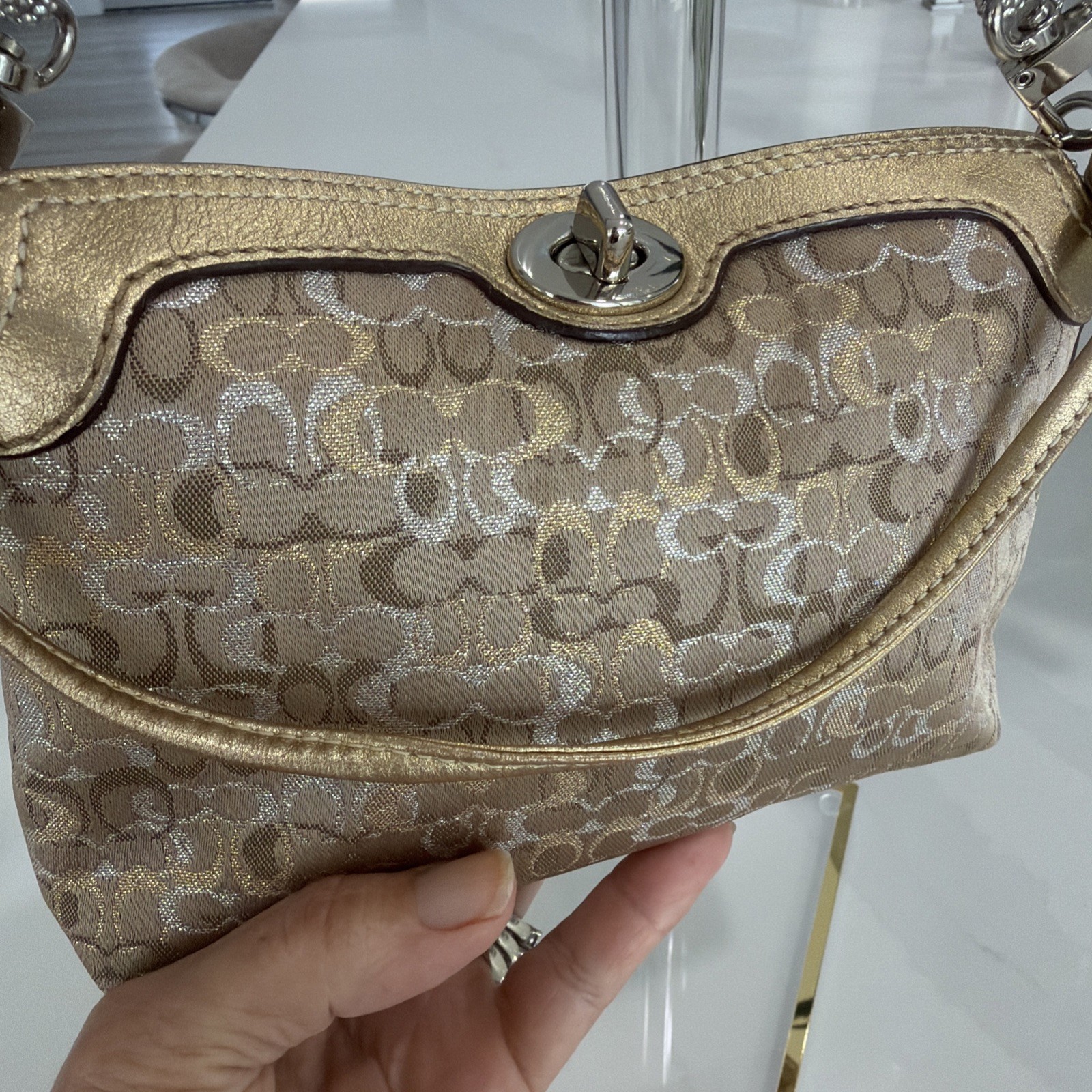 Coach Mini Wristlet Purse ShimmerGold Signature Vintage Extra Strap Not Included