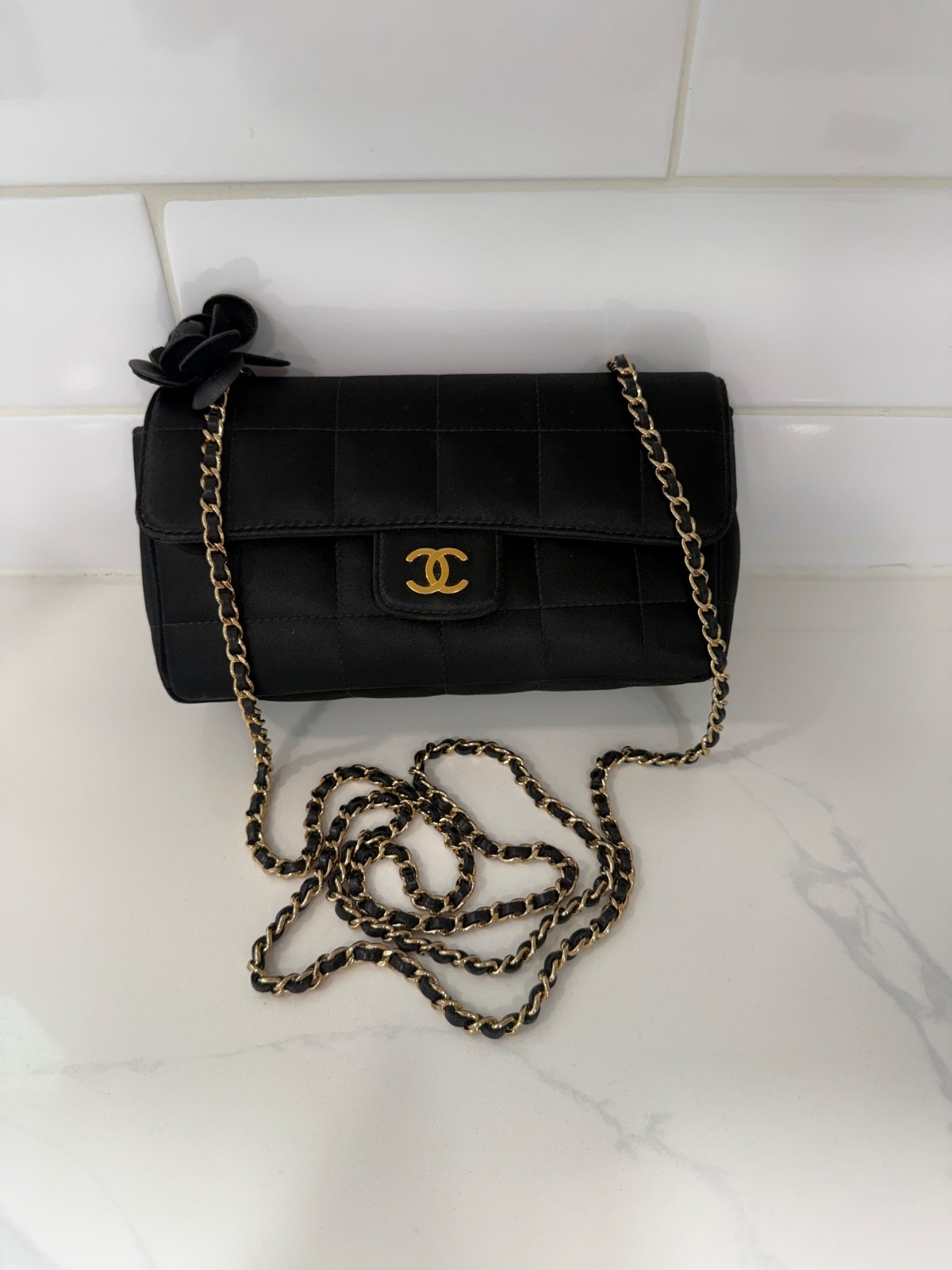 AUTH CHANEL Satin Chocolate Bar Quilted Camellia Rectangular Mini Flap Black