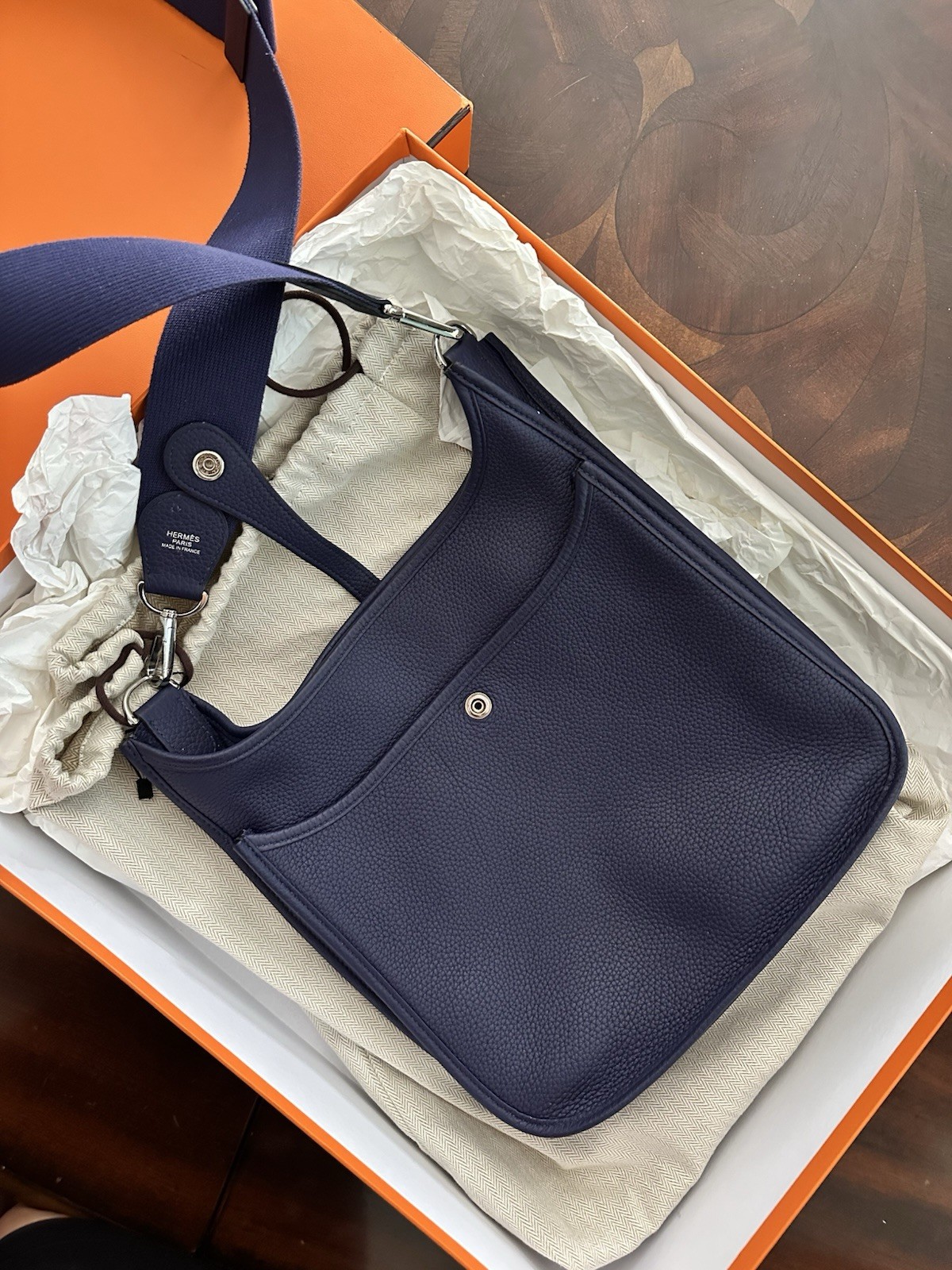 HERMÈS Evelyne PM Bag Bleu Indigo Palladium Hardware – Full Inclusion