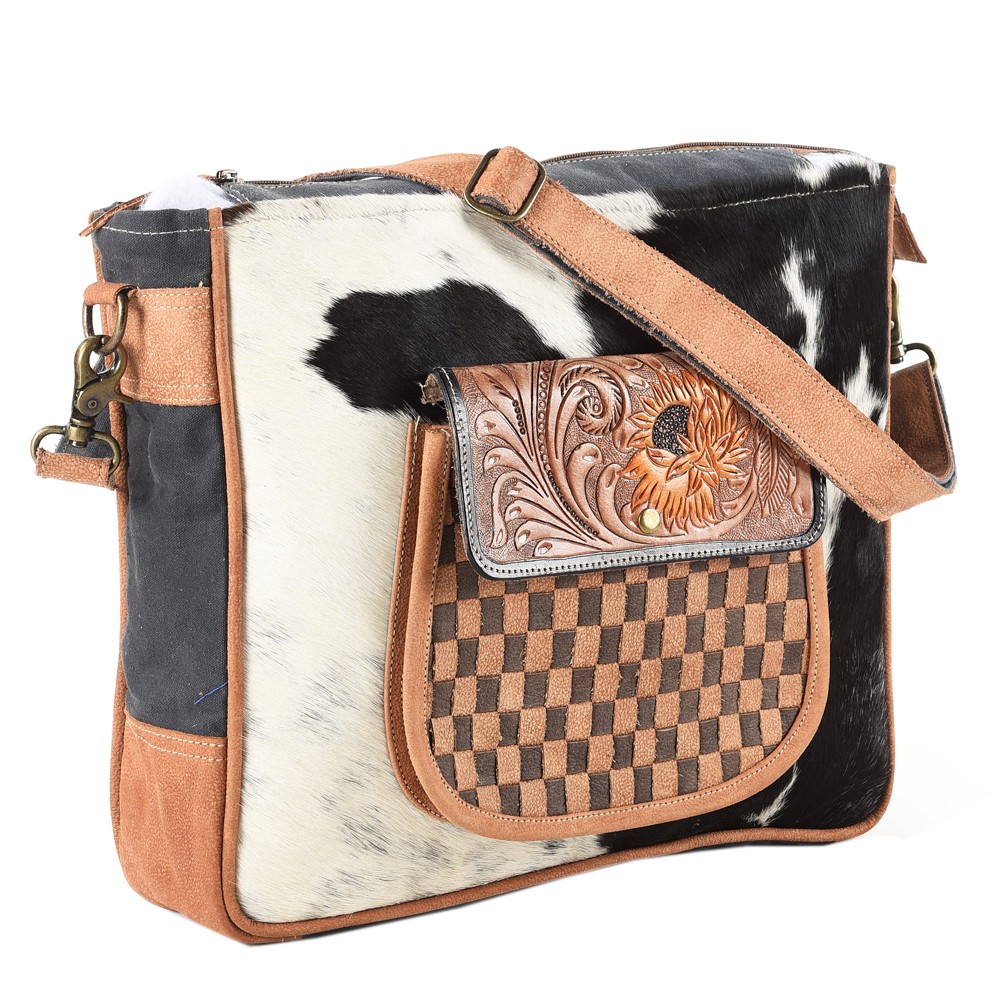 OH OHLAY OHV173 Messenger Hand Tooled Upcycled Canvas Hair-on Genuine Leather