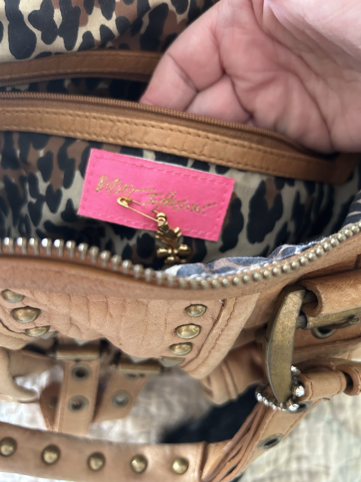 Betsey Johnson RARE Tan Leather Studded Buckle Bag Leopard Interior Vtg Purse