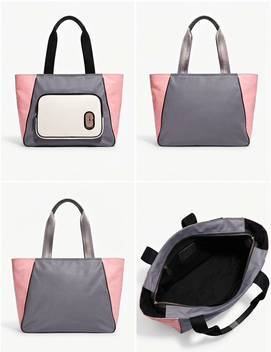 Women’s Large Colorblock Tote Bag Gray Pink White Black Zip Top Front Pocket