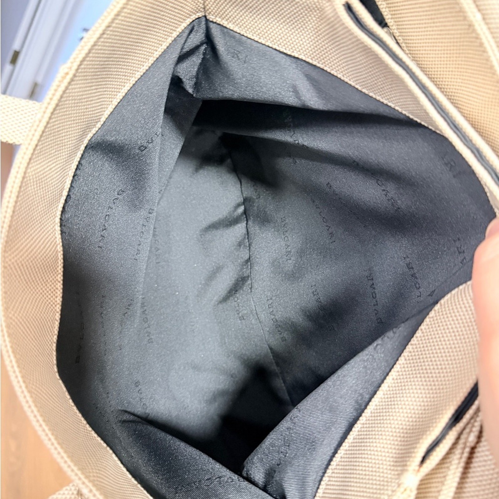 Bulgari Black Leather and Cream Canvas Bag