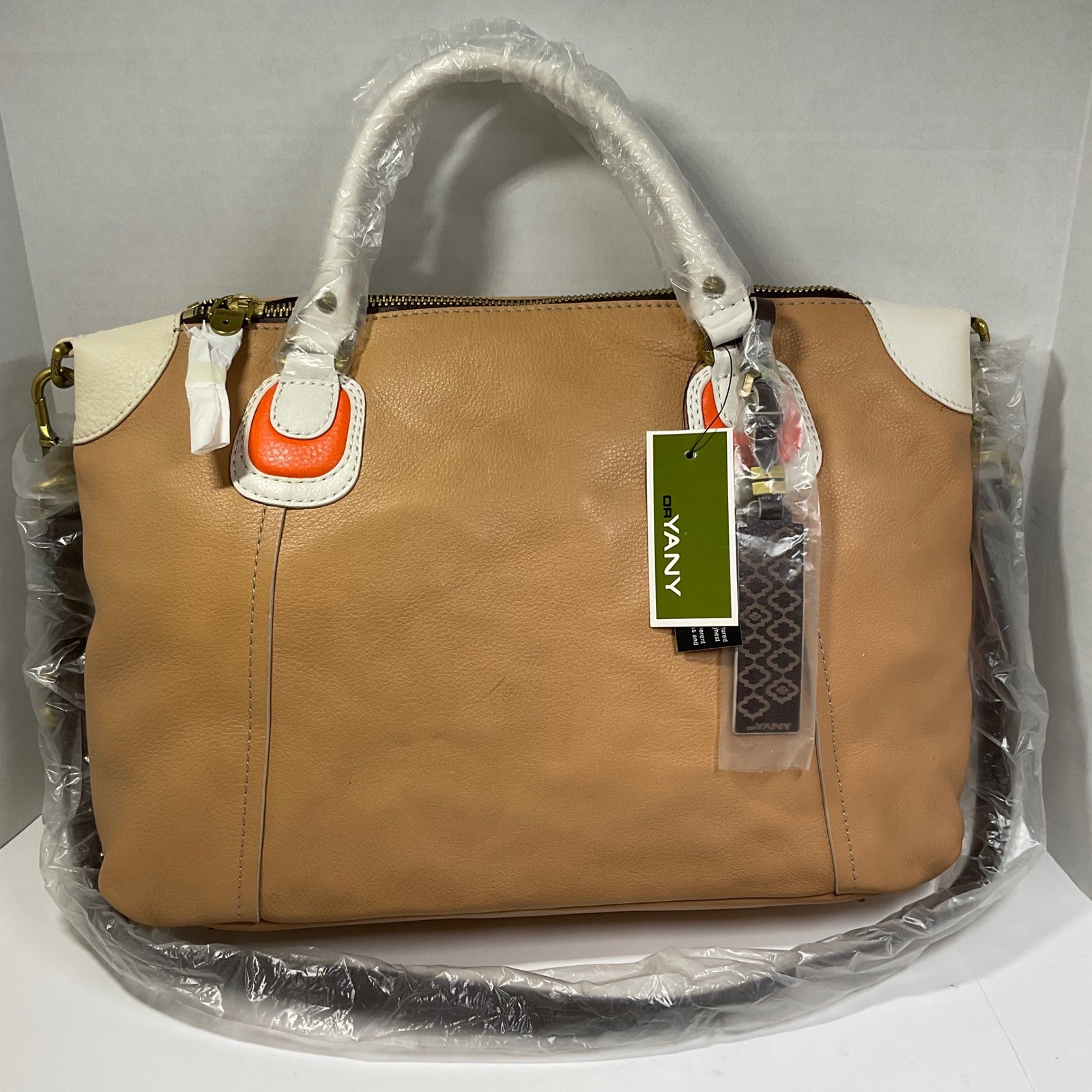 OR YANY Leather Satchel Handbag Tan White Orange Colorblock Gold Hardware NEW