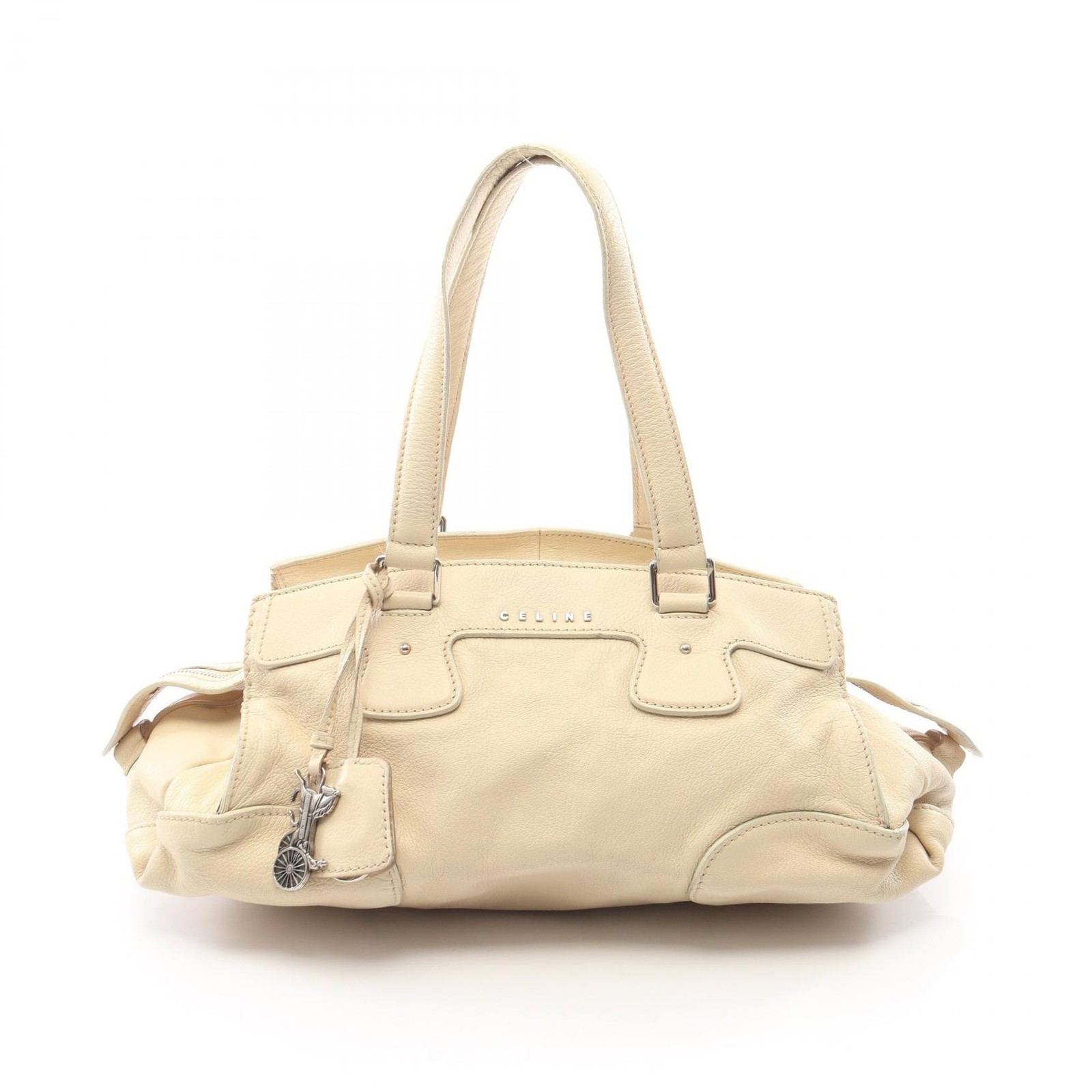 CELINE Logo Shoulder Handbag leather Beige Used Women