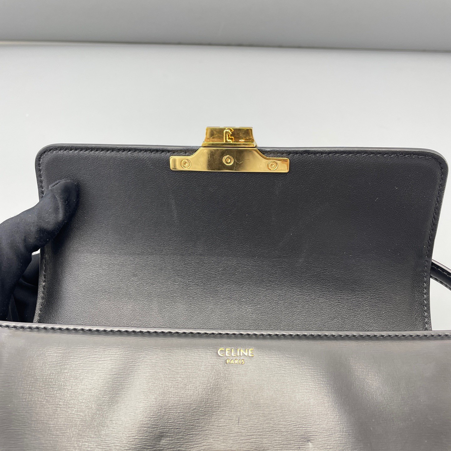 Celine Triomphe Mini Black Glossy Calfskin Underarm Shoulder Bag Duty Paid