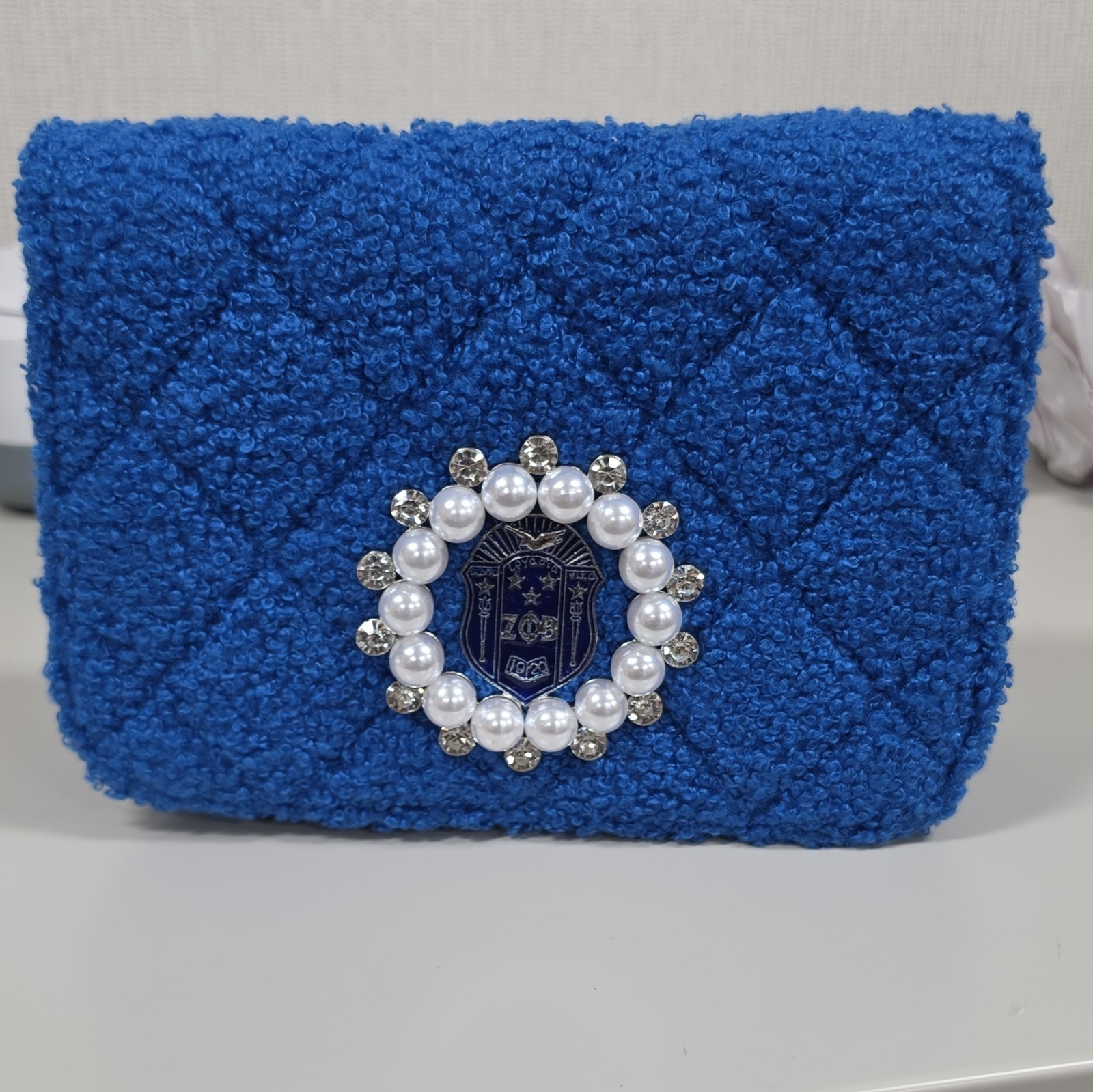 Zeta Phi Beta Quilted Boucle Cosmetic Bag Pearl Emblem Pouch ZPB Royal Blue NEW