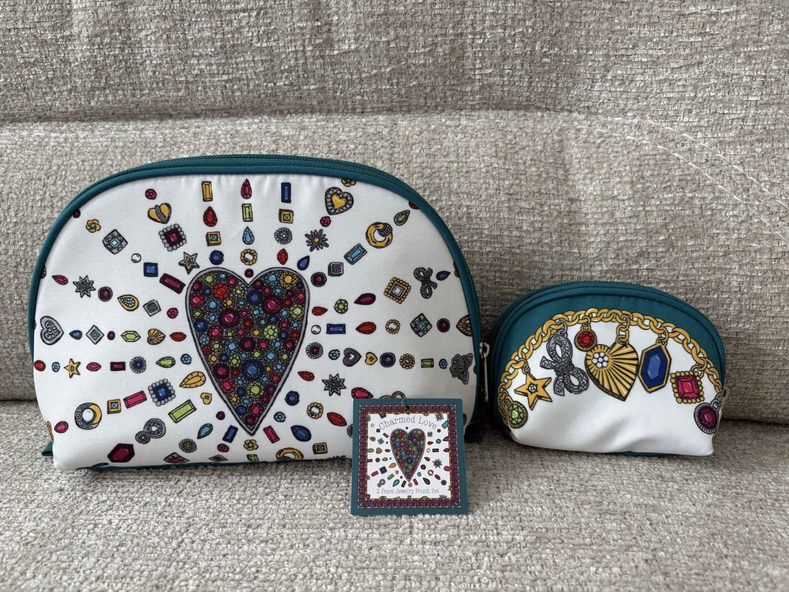 Brighton Charmed Love 2 Piece Jewelry Pouch Set White Teal NWT