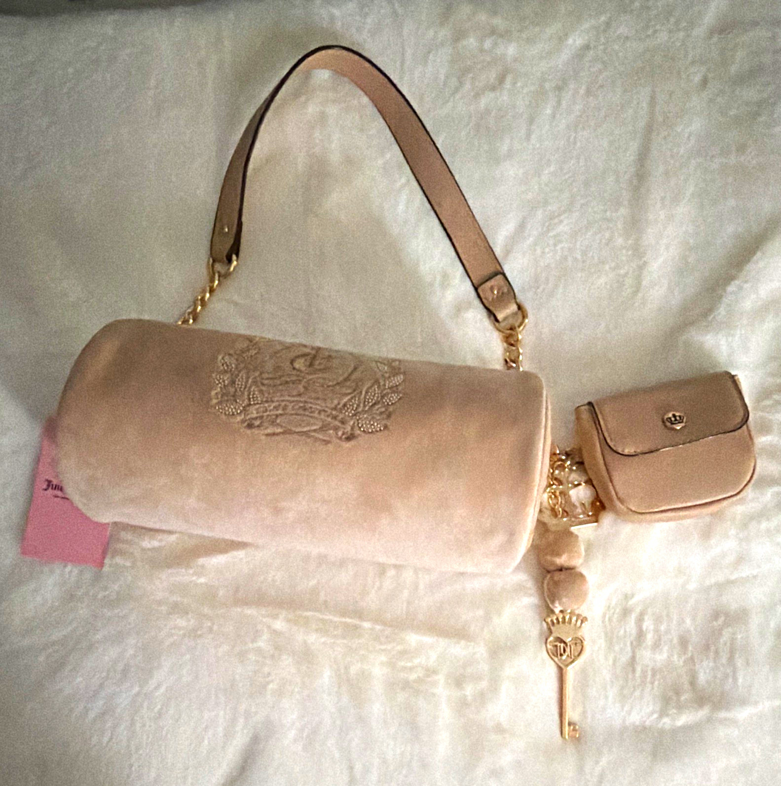Juicy Couture Beige Cylinder Shoulder Bag Zip Logo Embroidered Lined Coin Purse
