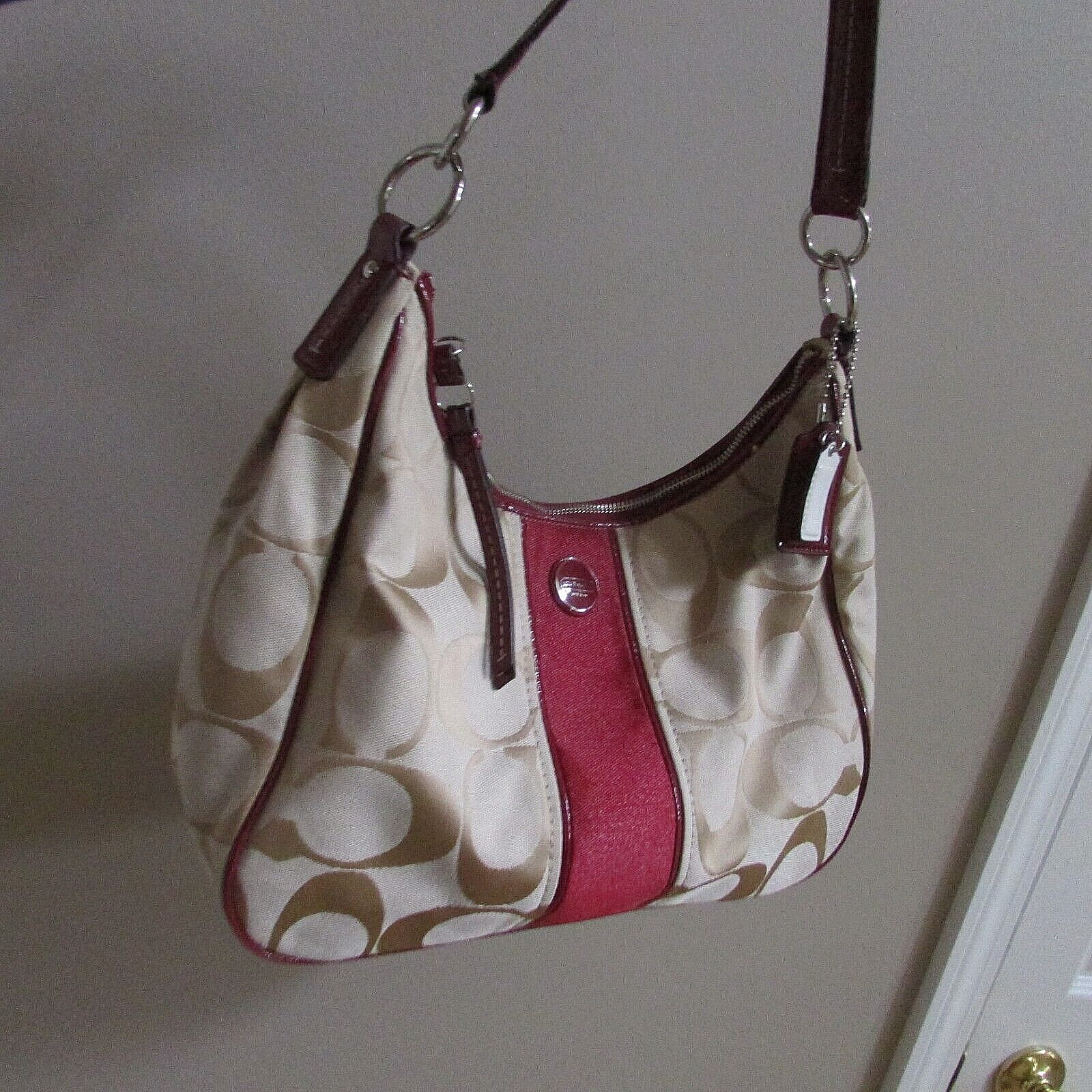 Coach signature khaki wine stripe hobo handbag 28207E