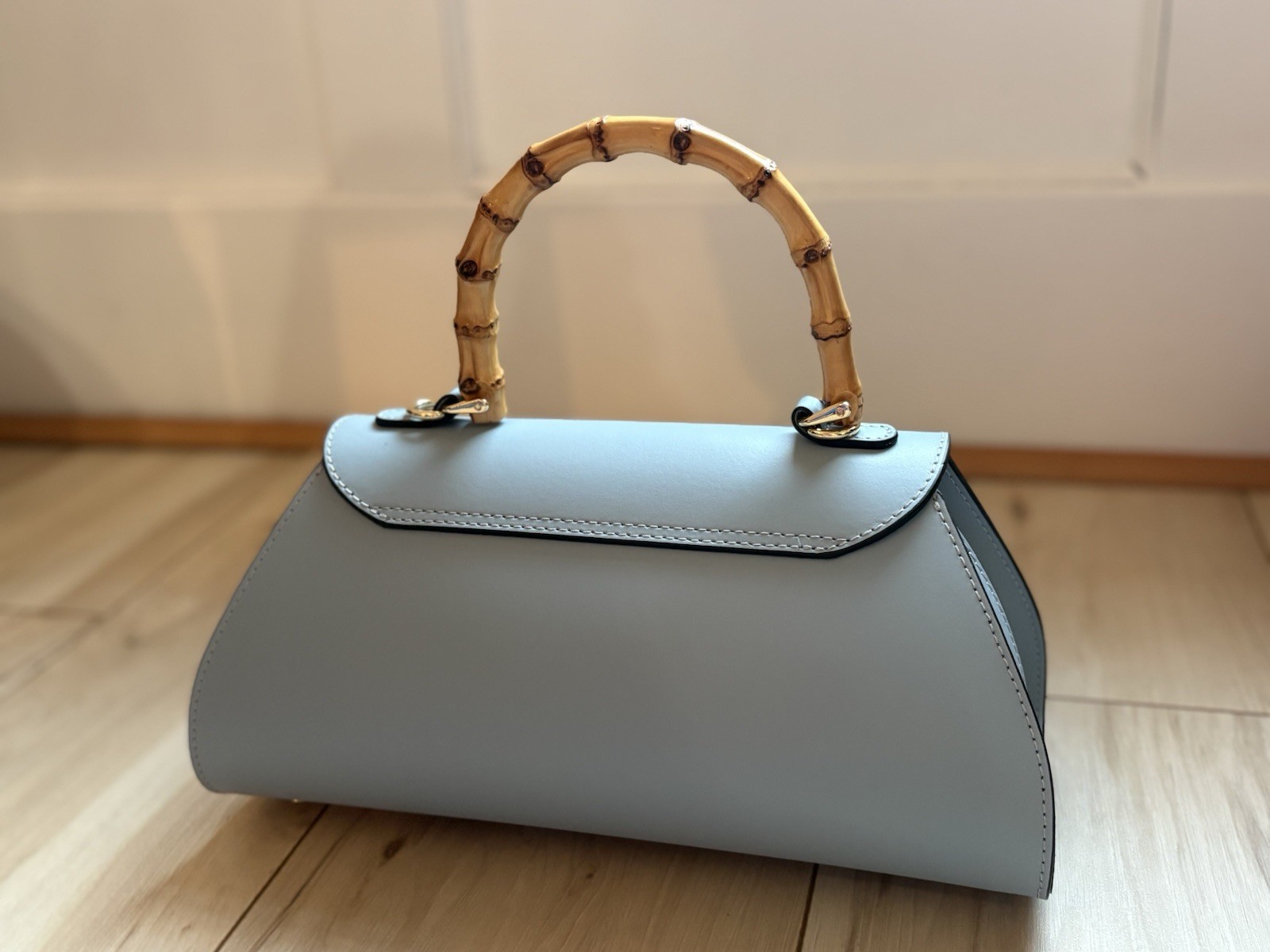 Divina Firenze Genuine Leather Handbag Made in Italy Bamboo Handle