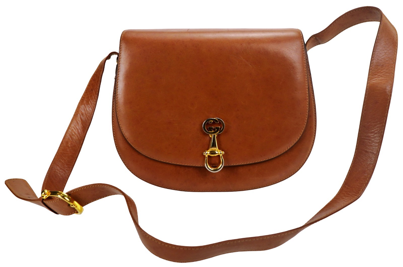 Vintage GUCCI Brown Leather Flap Top Gold Horsebit Crossbody Shoulder Bag Italy