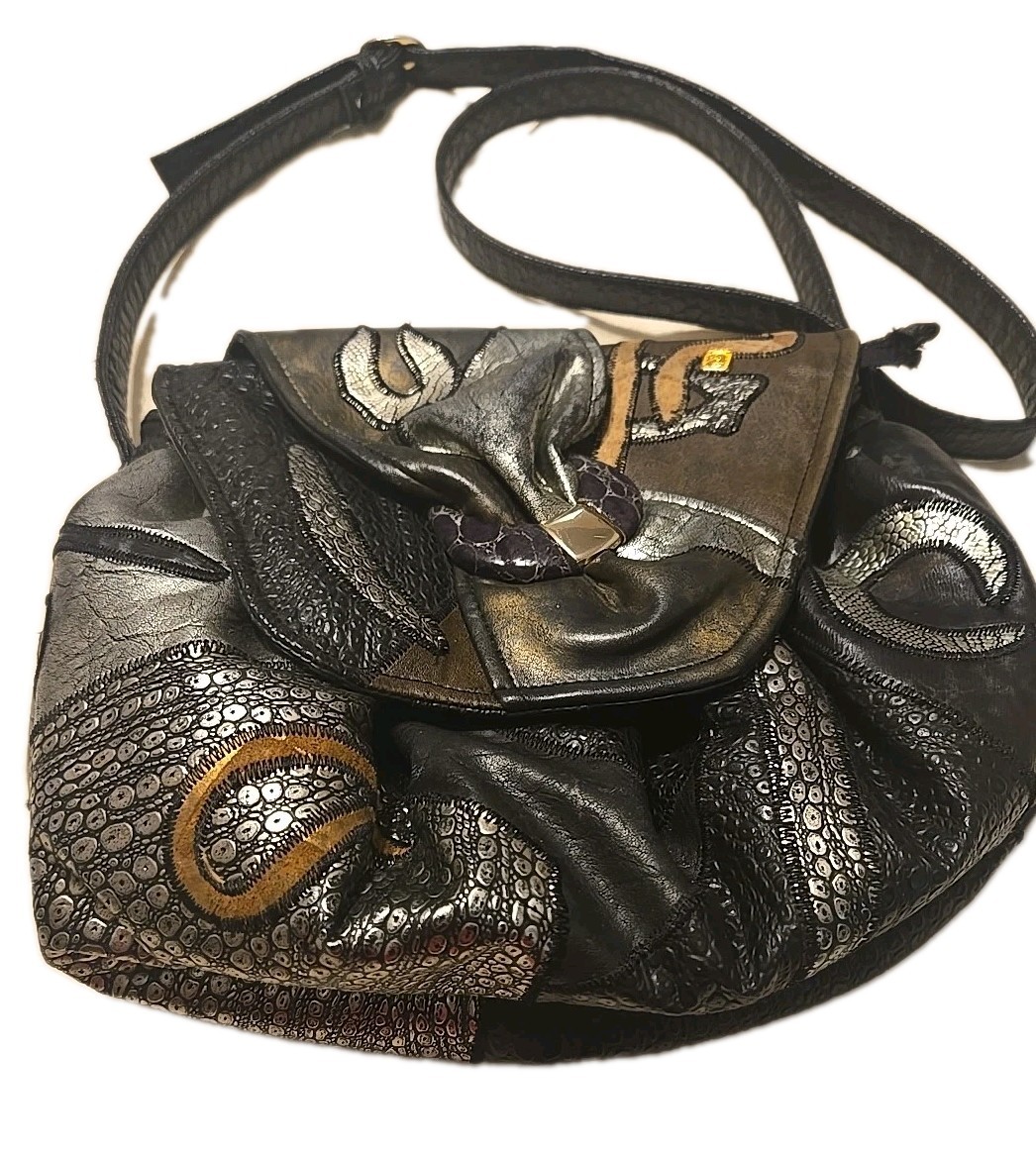 Vintage 80s NAS Bag Metallic Faux Exotic Leather Patchwork Crossbody Bag RETRO