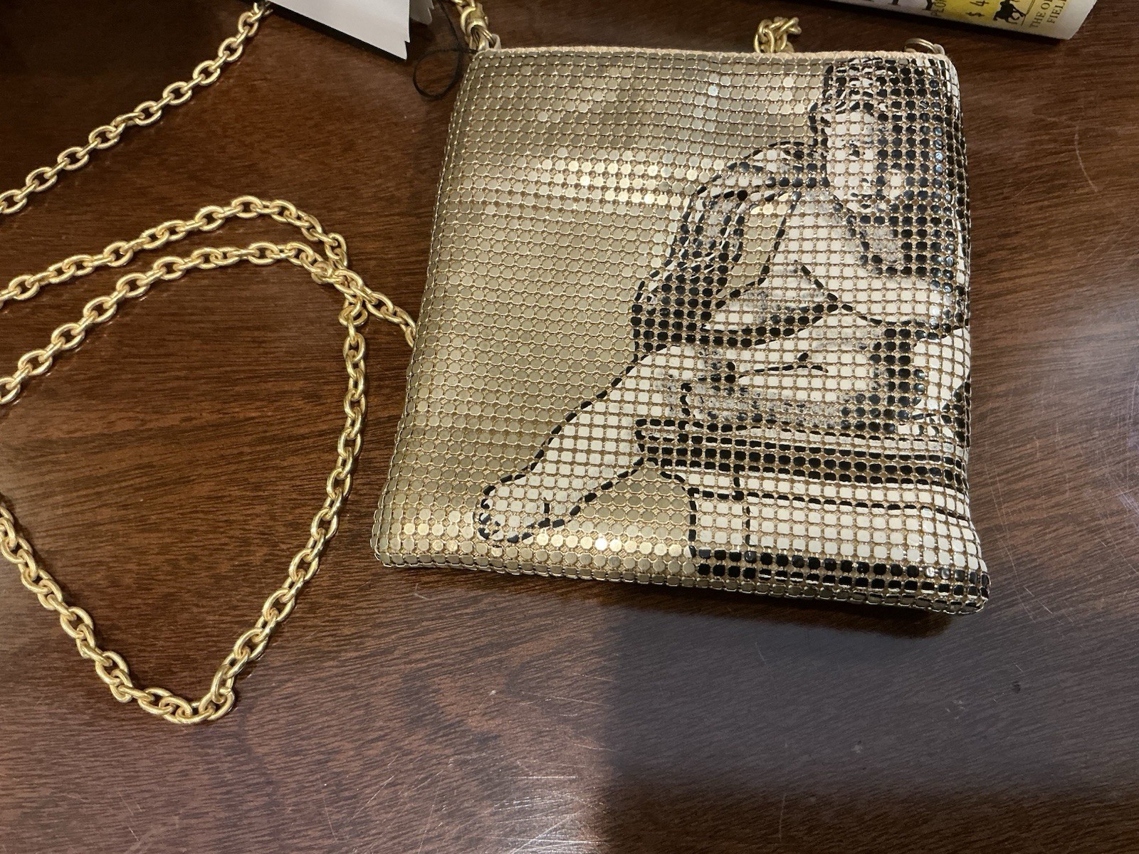 Whiting & Davis Gold Metal Mesh Crossbody Bag Detachable Chain Zip Pin-Up