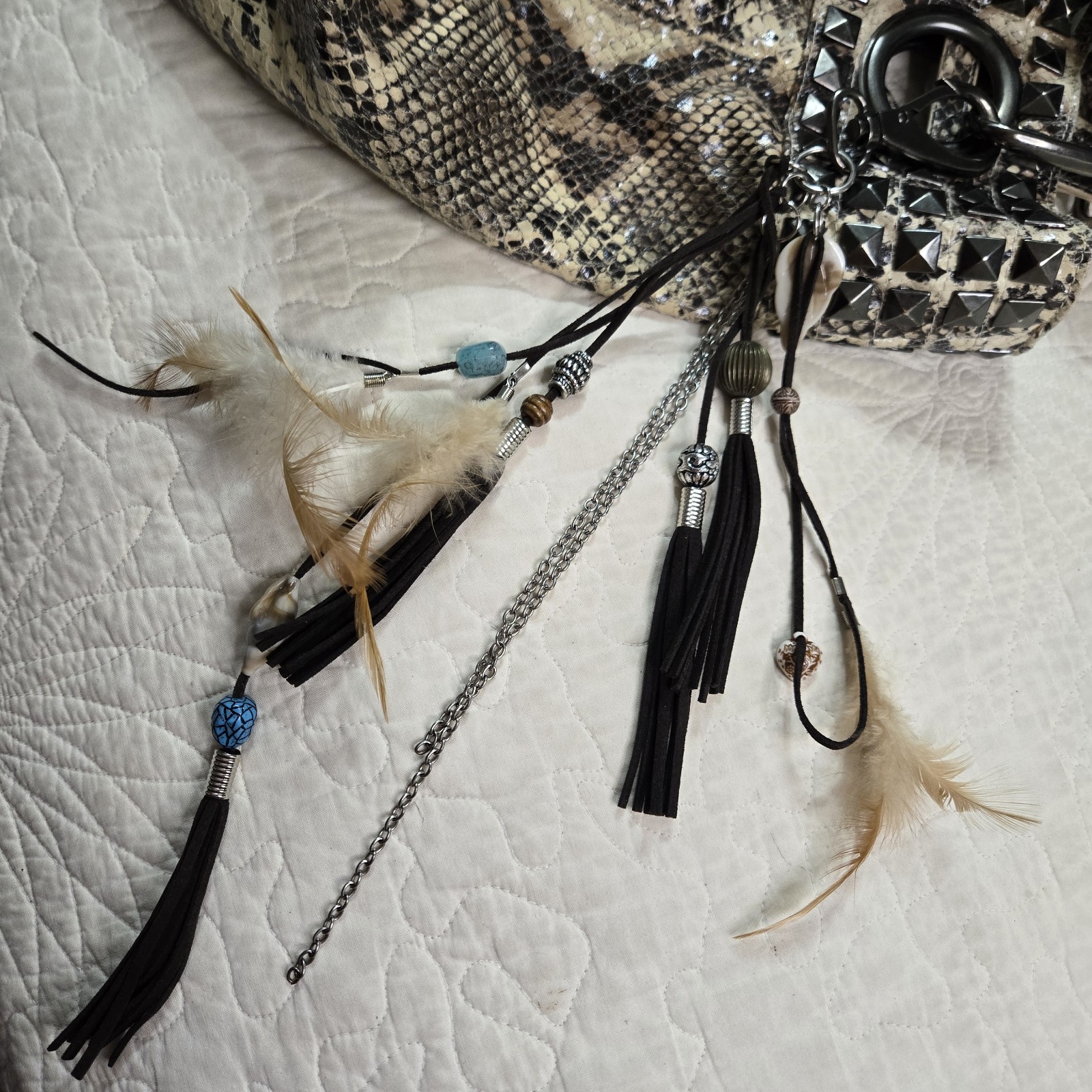 Gorgeous DOUBLE D RANCH Faux Snakeskin Studded Boho Handbag Tassle Beaded Clip