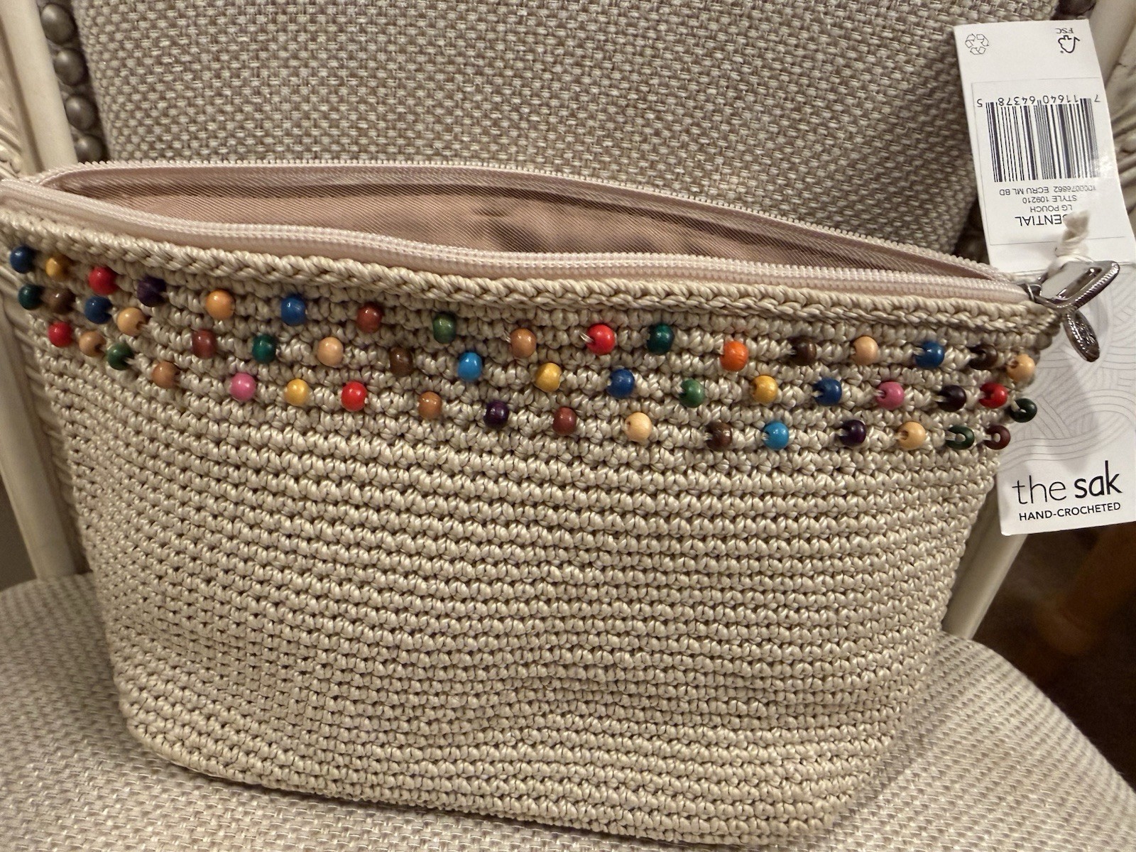 The Sak Hand Crocheted Essential LG Pouch Ecru Multi-Color Bead Cosmetic Bag NWT
