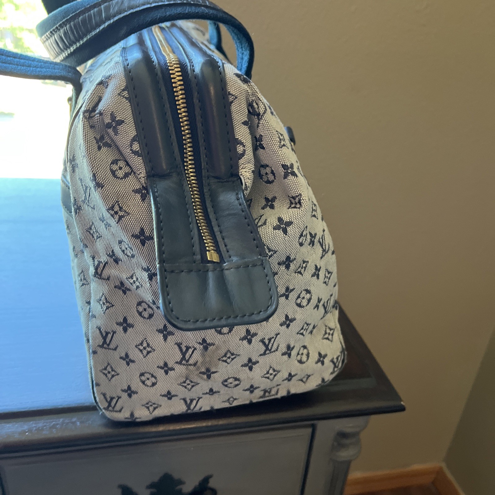 Auth Louis Vuitton Monogram GM Mini Lin Josephine Bag Navy VI0044