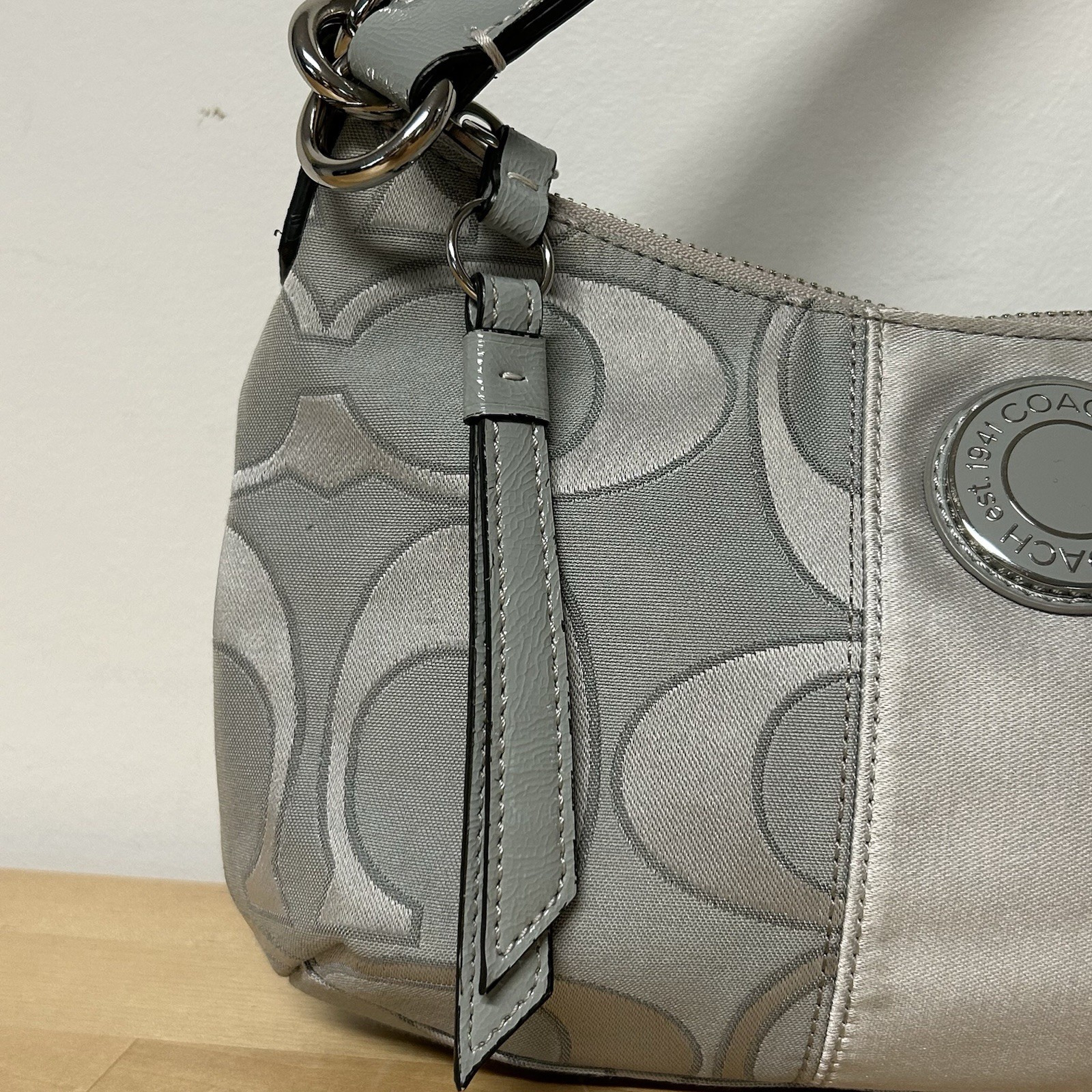 Coach Signature Sis Stripe Demi Hobo Bag Silver Metallic Sateen Vtg 2012 Hipster