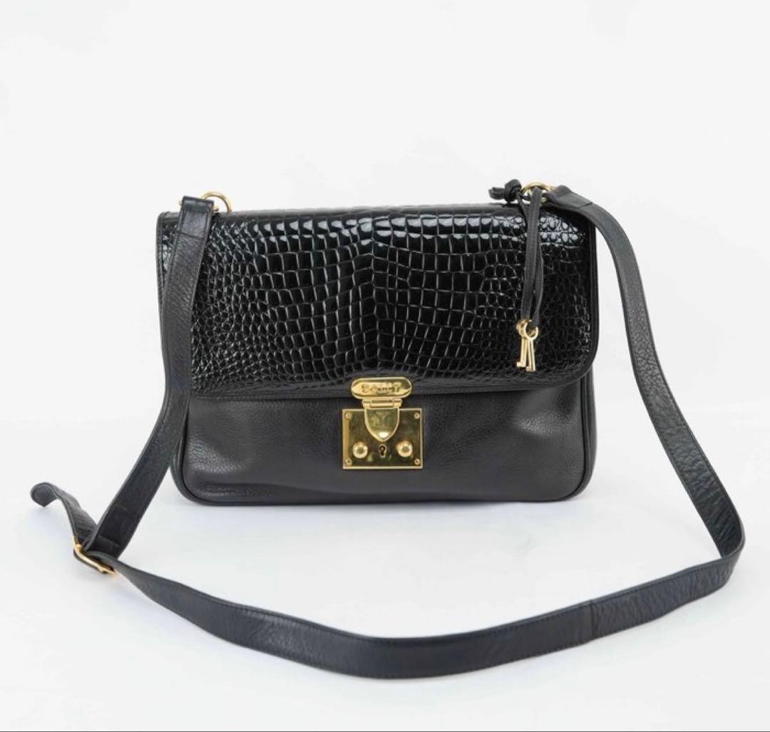 Excellent Condition BALLY Shoulder Bag Crocodile Pattern Leather Enamel with Loc