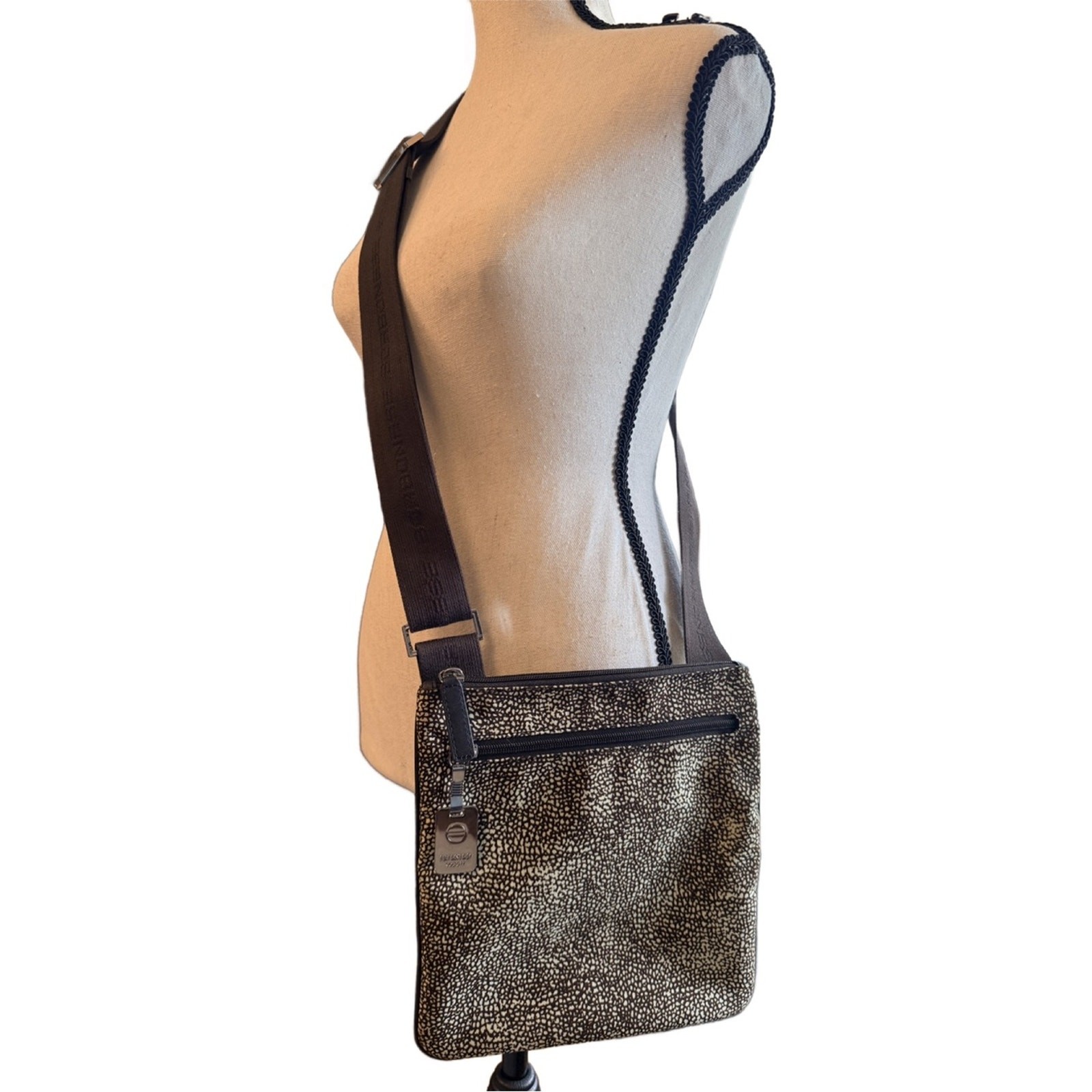 Borbonese OP Medium Luna Bag Crossbody Bag Brown and Cream Nylon w Leather Trim