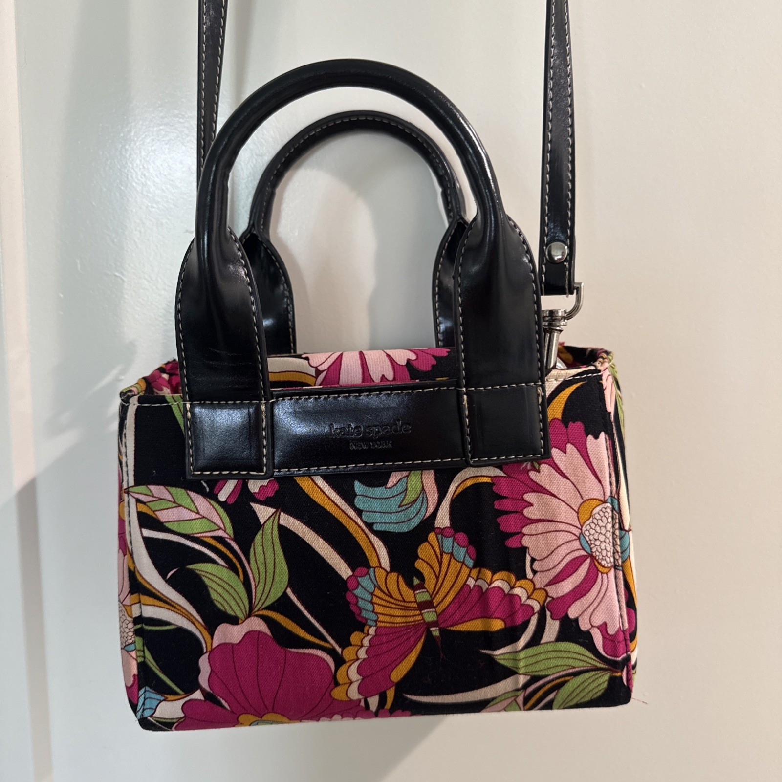 Kate Spade Satchel Hand Shoulder Bag Floral Butterflies Nylon Fabric & Leather