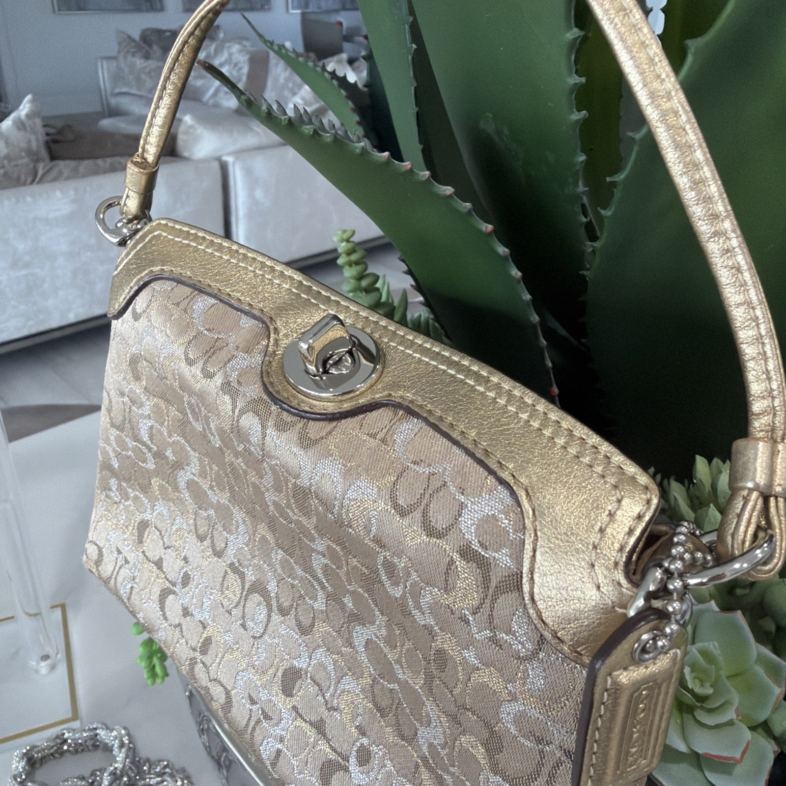 Coach Mini Wristlet Purse ShimmerGold Signature Vintage Extra Strap Not Included