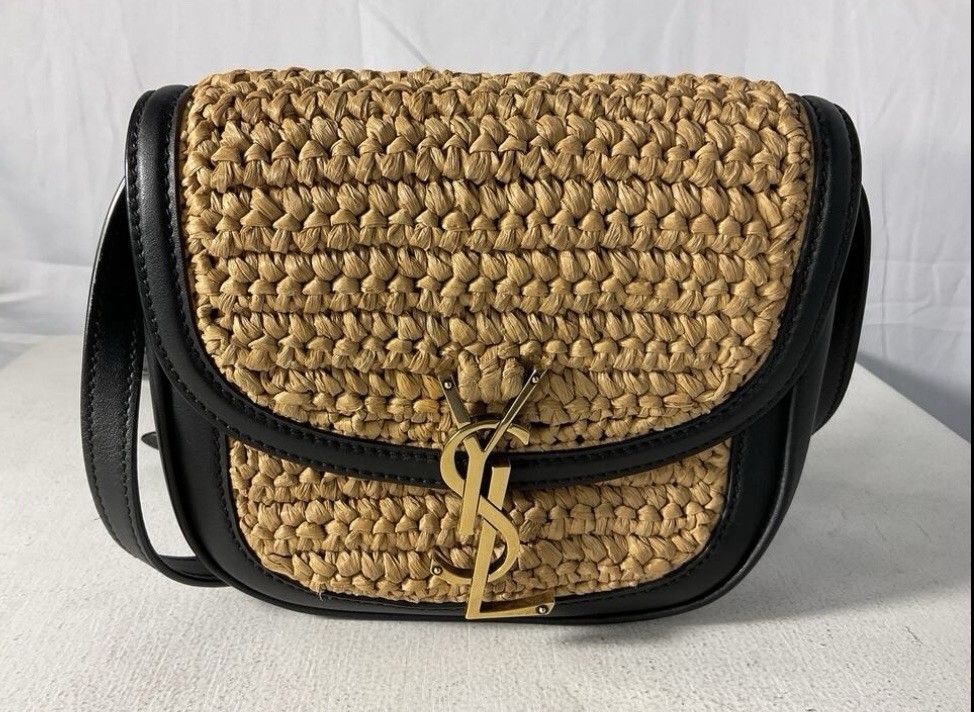 Saint Laurent Kaia Tan Raffia Crossbody w/ Black Leather Trim and Gold YSL Logo