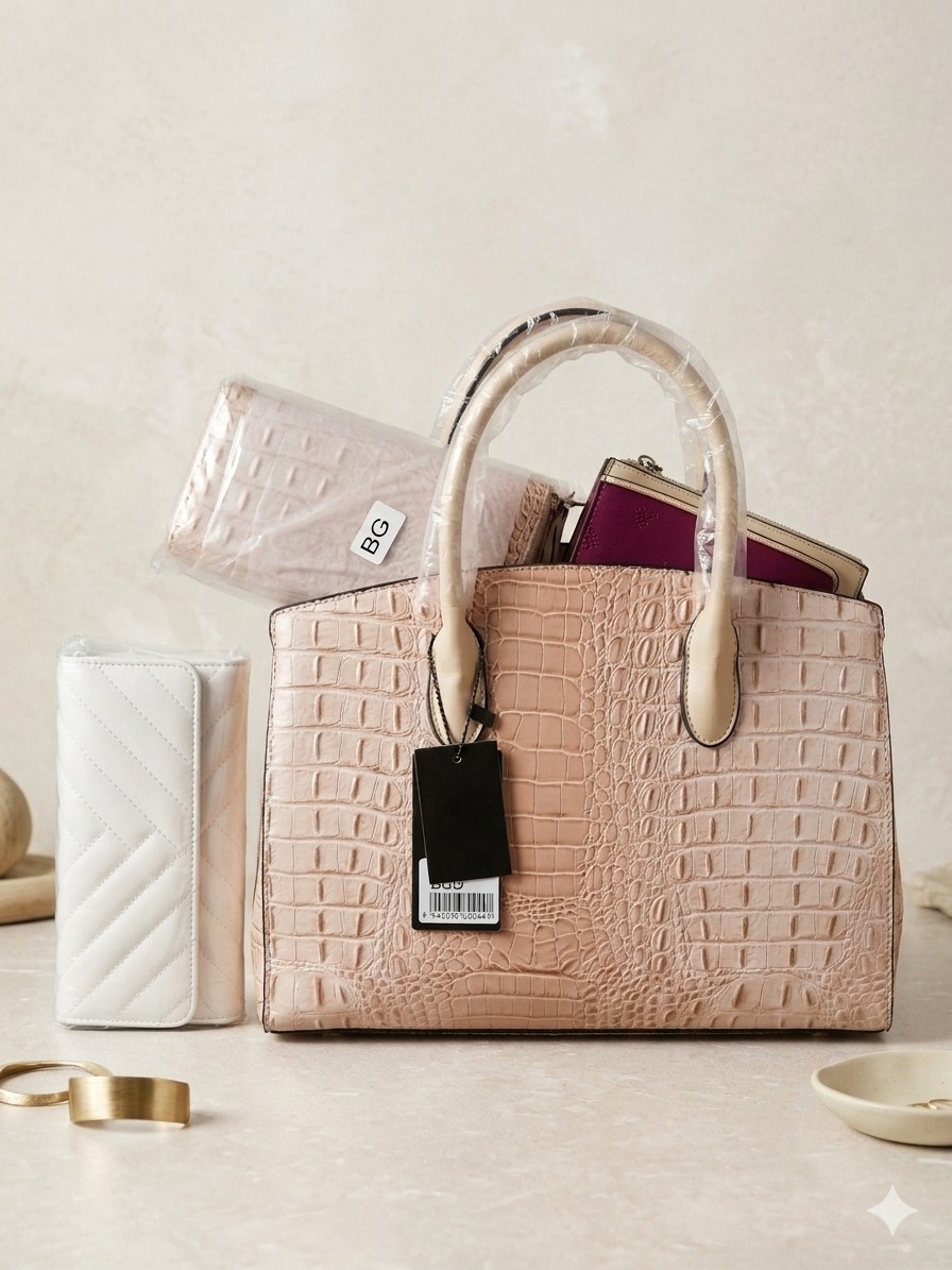 New Faux cream Croc Embossed Leather Padlock Satchel Handbag with zippy wallet