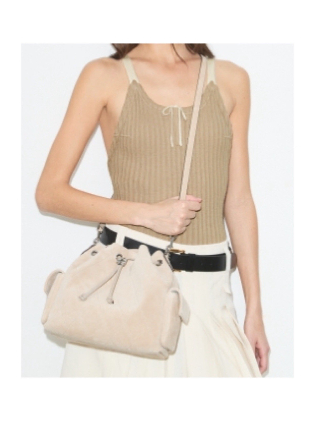 Tory Burch Charlie Quilted Suede Drawstring Shoulder Bag Soft Cement NWT