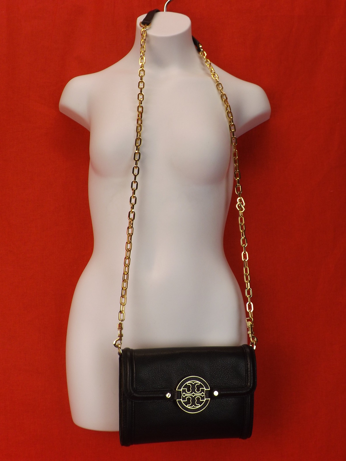 NWT TORY BURCH AMANDA BLACK LEATHER REVA CHAIN WALLET CROSSBODY CLUTCH BAG