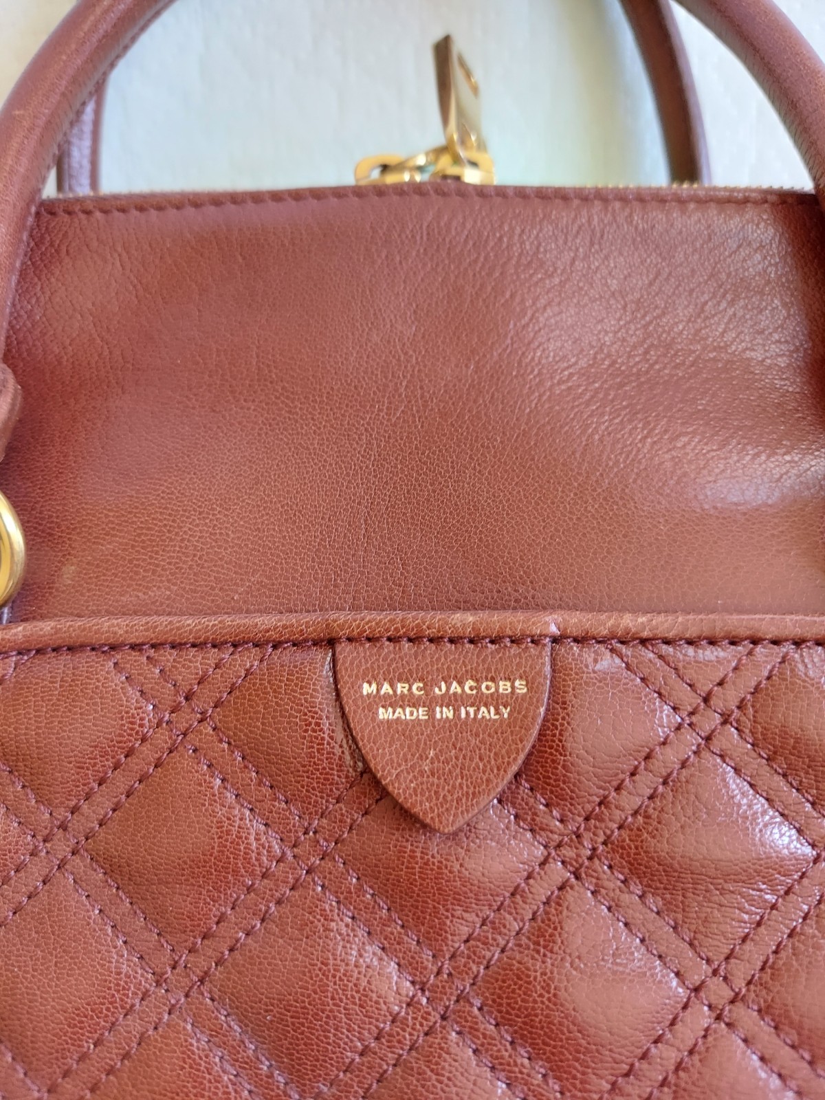 Marc Jacobs Brown Quilted Satchel Top Handle Zip/Turn Lock, Pockets Gold