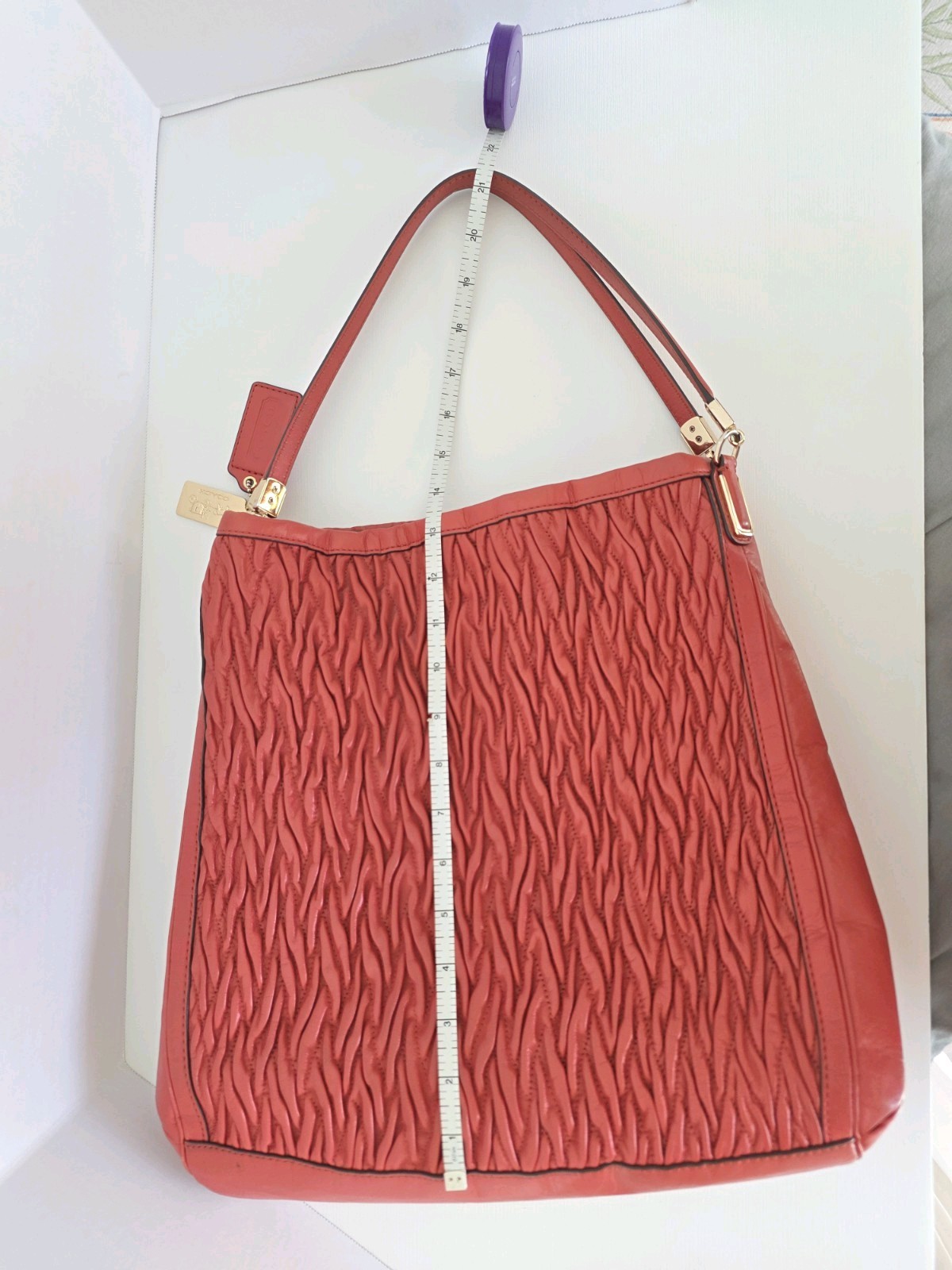 COACH 25260 Madison Phoebe Red Large Ruched Shoulder Bag Gold Hardware Charm EUC
