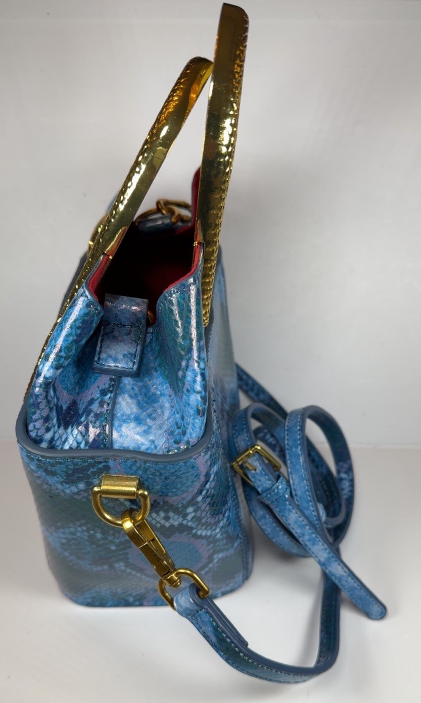 Sharif Blue Snake Print Small Satchel Top Handle with Detachable shoulder Strap