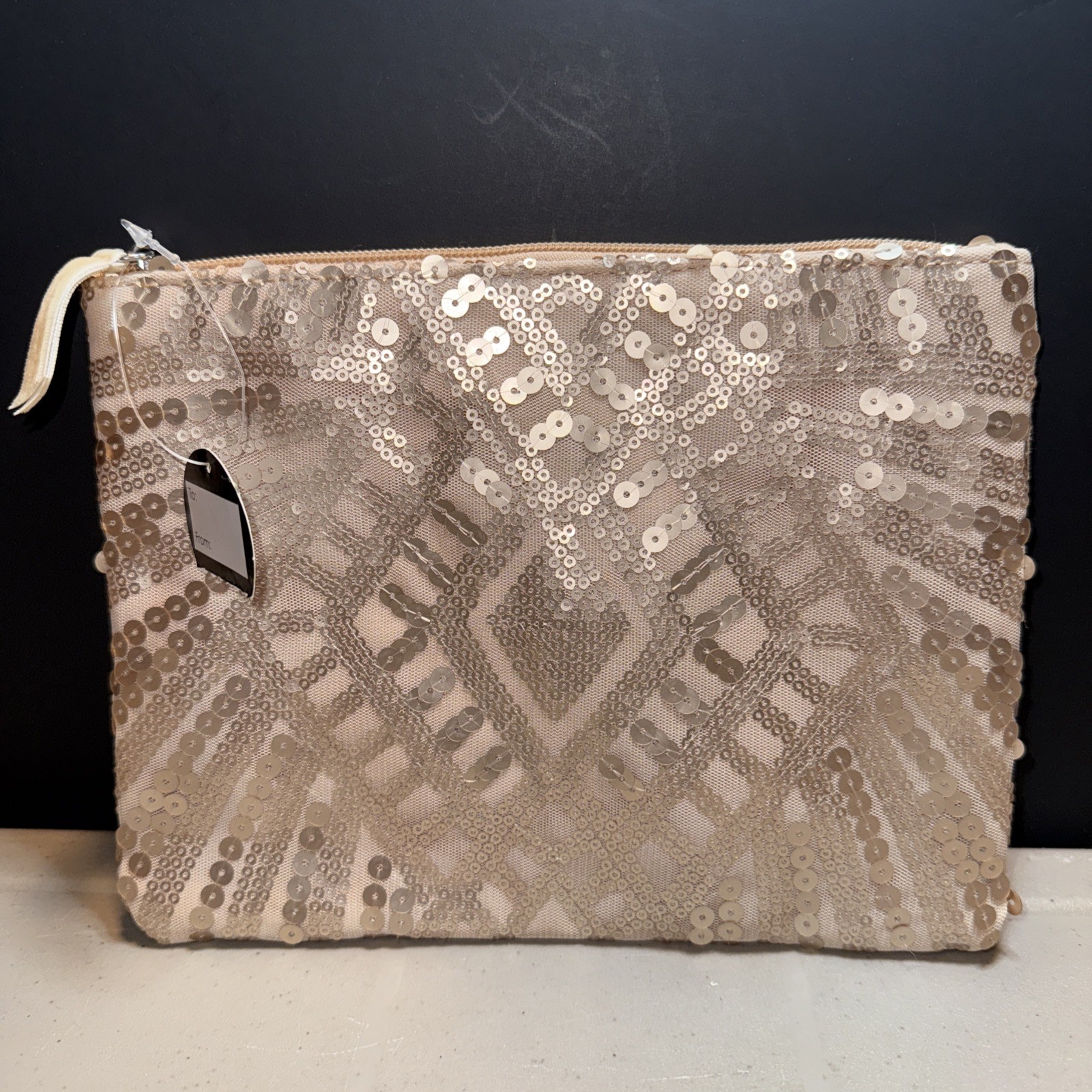 New Blush Beaded Bag Conair 9″W x 7″H Zipper Sequins Cosmetic Purse Lined Cotton