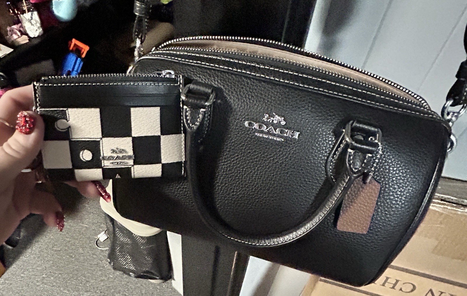 Coach Rowan Satchel Bag With Checkerboard Print – Silver/Light Violet/Chalk