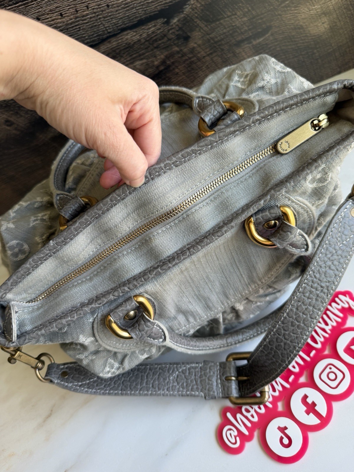 Authentic Louis Vuitton Neo Cabby Gray Denim Two Way Wear Shoulder Tote Handbag