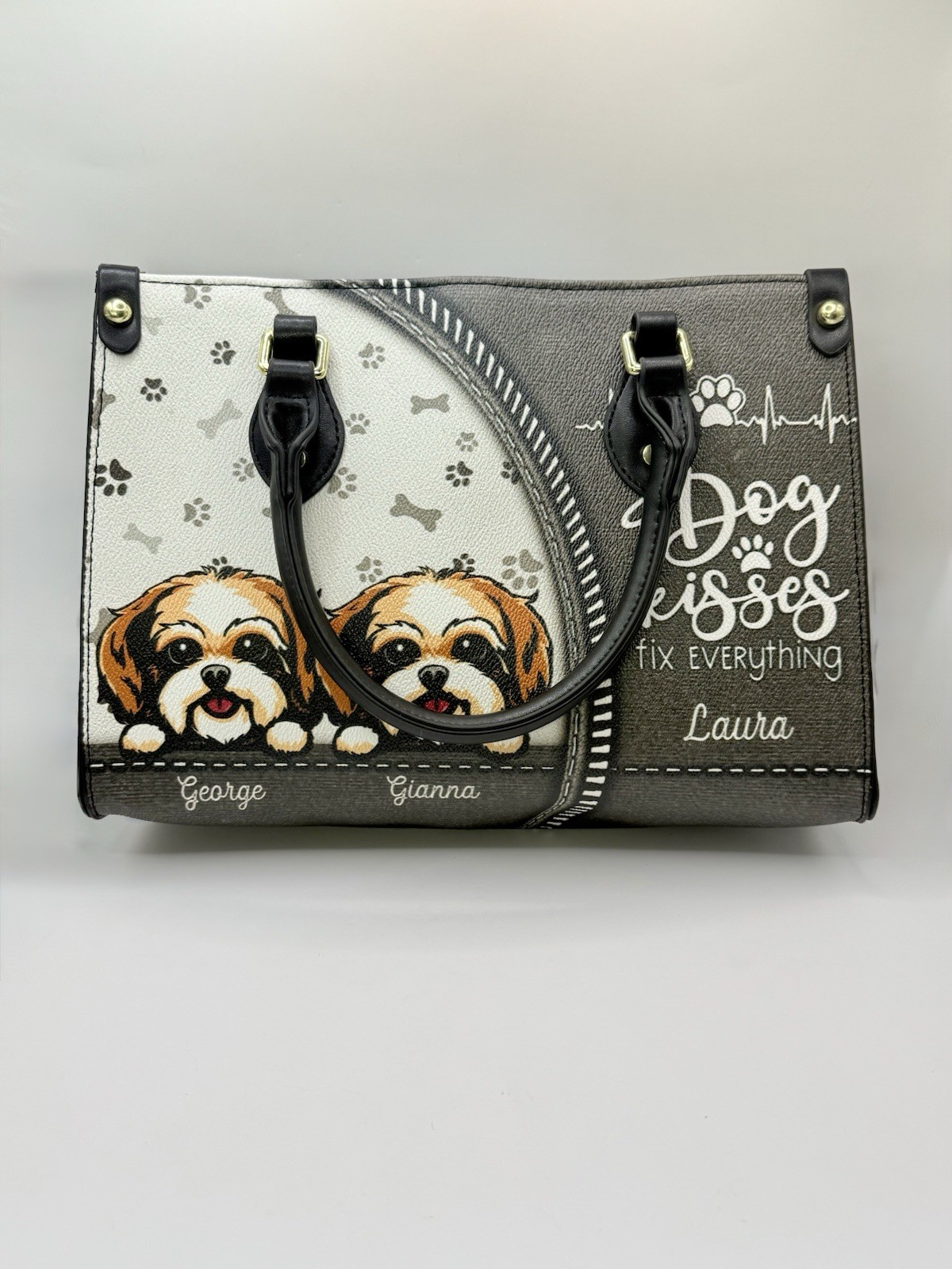 Dog Kisses Fix Everything Black Leather Tote Bag 11.4×7.9×4.7 in